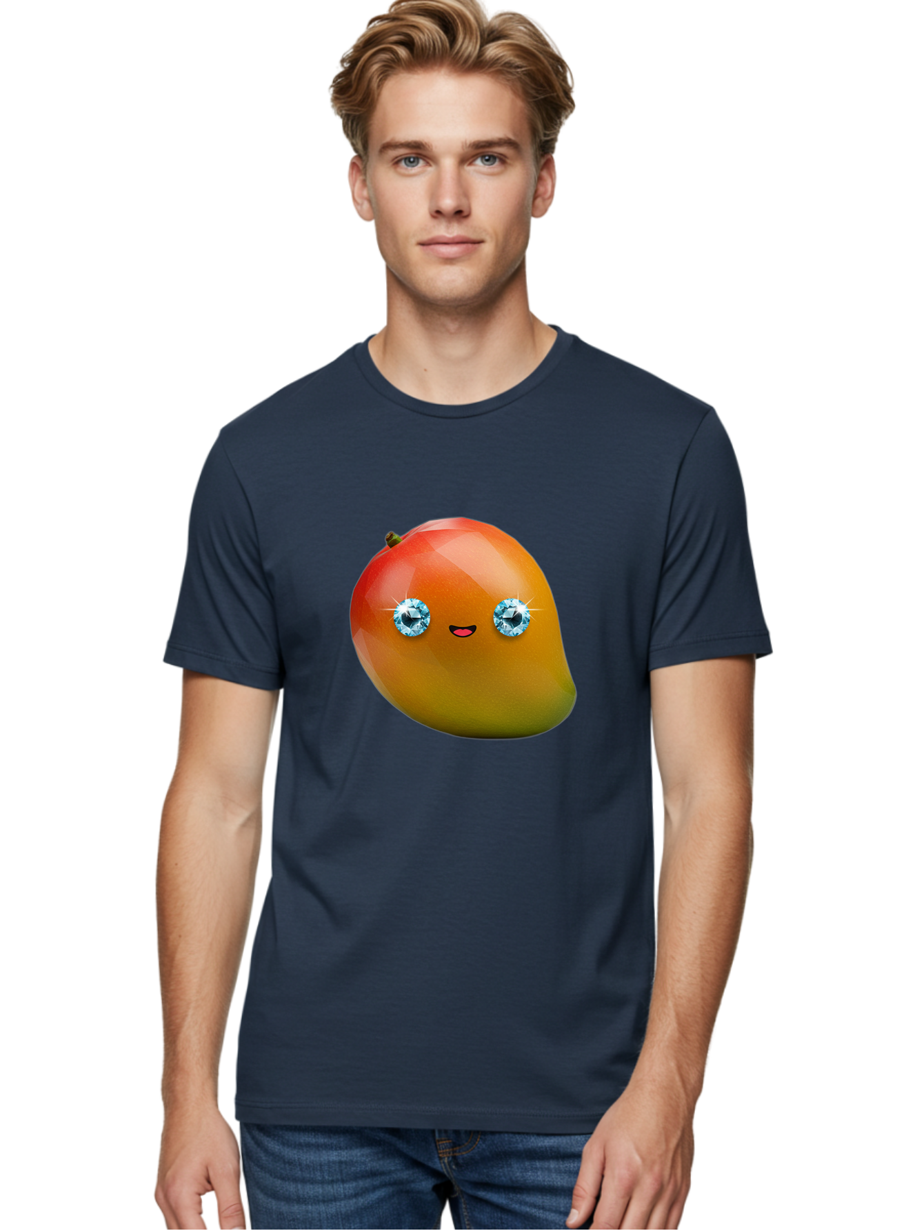 Mango-Eyes Men'S Graphic Tee, 100% Cotton, Comfortable Casual Summer Wear, Machine Washable, Mango Fruit, Diamond Eyes, Cartoon Character, Shiny Mango, Cute Fruit, Smiling Face, Vibrant Colors, Luxury Fruit, Exotic Charm Bac143