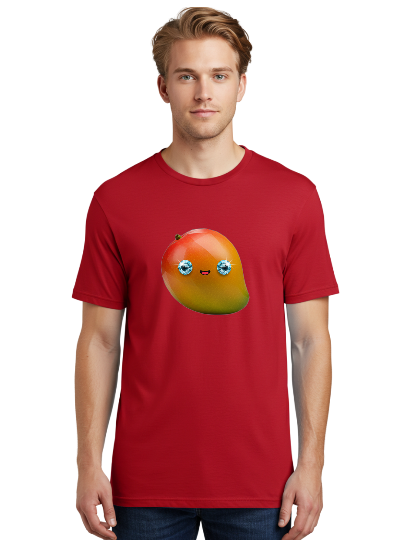 Mango-Eyes Men'S Graphic Tee, 100% Cotton, Comfortable Casual Summer Wear, Machine Washable, Mango Fruit, Diamond Eyes, Cartoon Character, Shiny Mango, Cute Fruit, Smiling Face, Vibrant Colors, Luxury Fruit, Exotic Charm Bac143