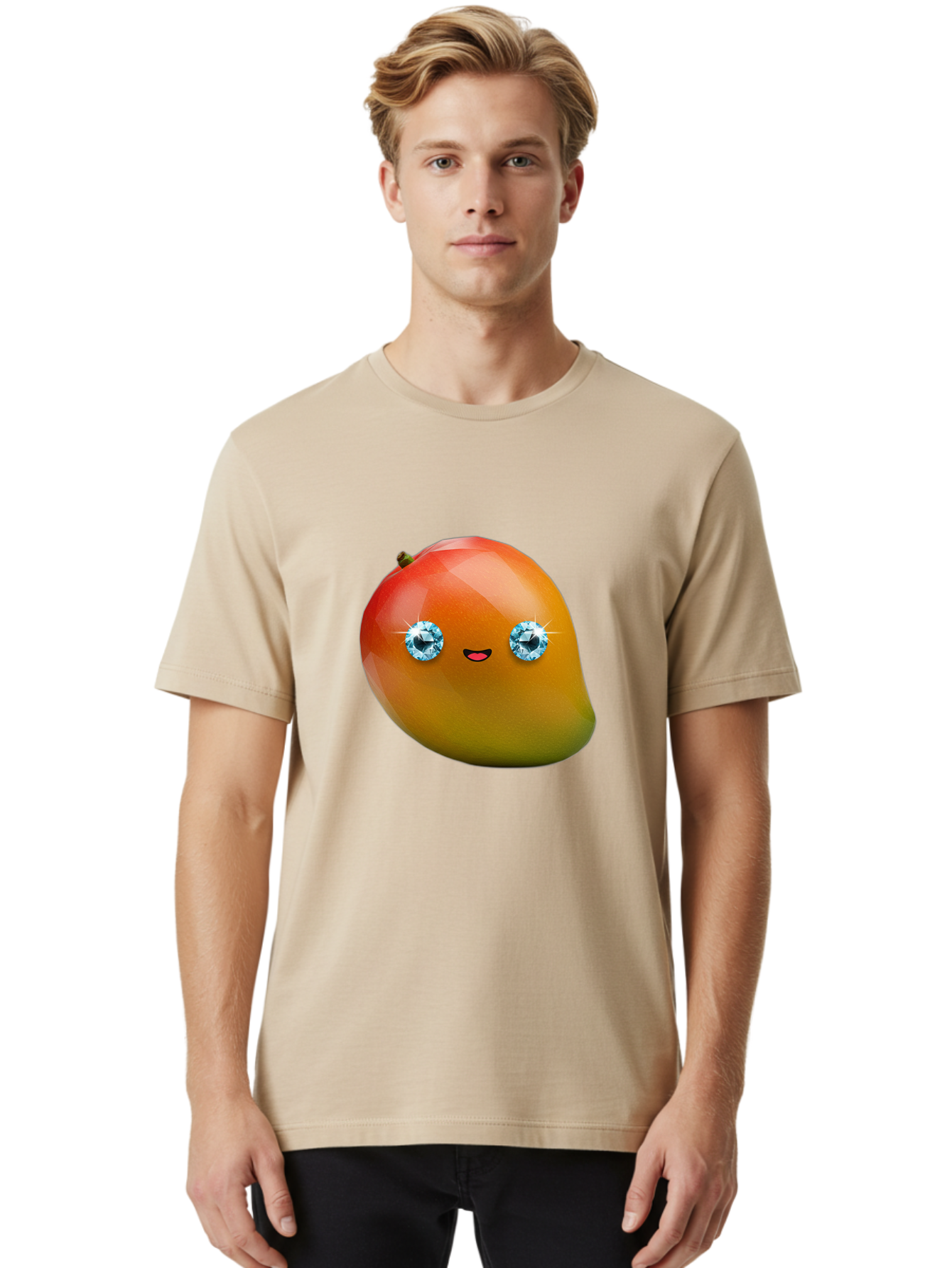 Mango-Eyes Men'S Graphic Tee, 100% Cotton, Comfortable Casual Summer Wear, Machine Washable, Mango Fruit, Diamond Eyes, Cartoon Character, Shiny Mango, Cute Fruit, Smiling Face, Vibrant Colors, Luxury Fruit, Exotic Charm Bac143