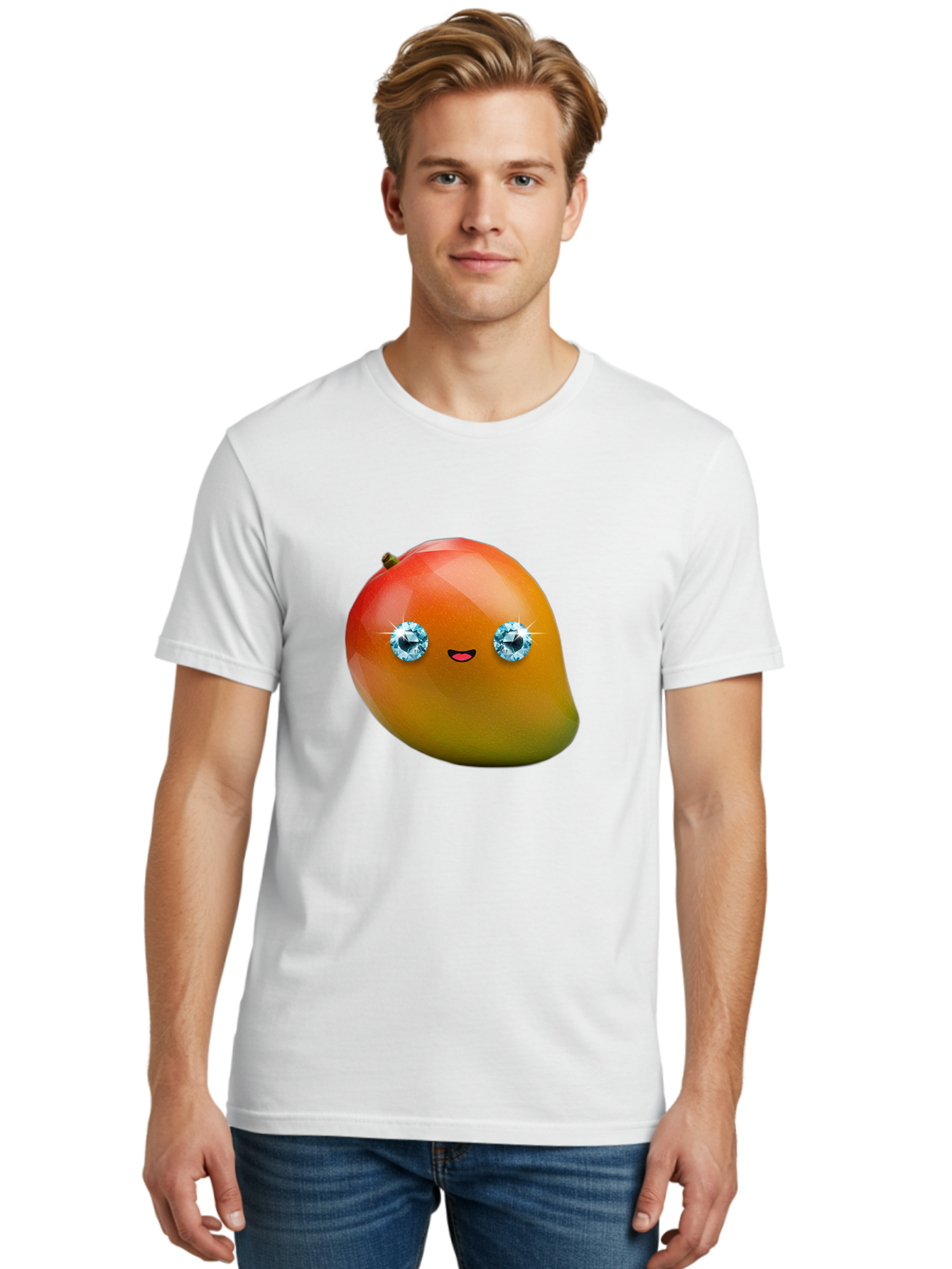 Mango-Eyes Men'S Graphic Tee, 100% Cotton, Comfortable Casual Summer Wear, Machine Washable, Mango Fruit, Diamond Eyes, Cartoon Character, Shiny Mango, Cute Fruit, Smiling Face, Vibrant Colors, Luxury Fruit, Exotic Charm Bac143