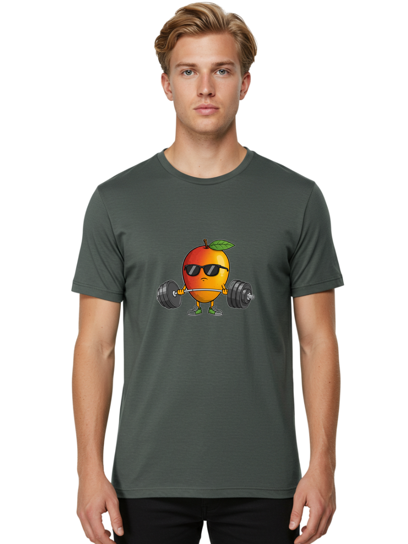 Mango-Fitness Men'S Graphic Tee, 100% Cotton, Comfortable Casual Summer Wear, Machine Washable, Cartoon Mango, Weightlifting, Fitness, Exercise, Sunglasses, Dumbbells, Healthy Lifestyle, Fruit Character, Gym, Workout Routine, Strong Fruit Bac144