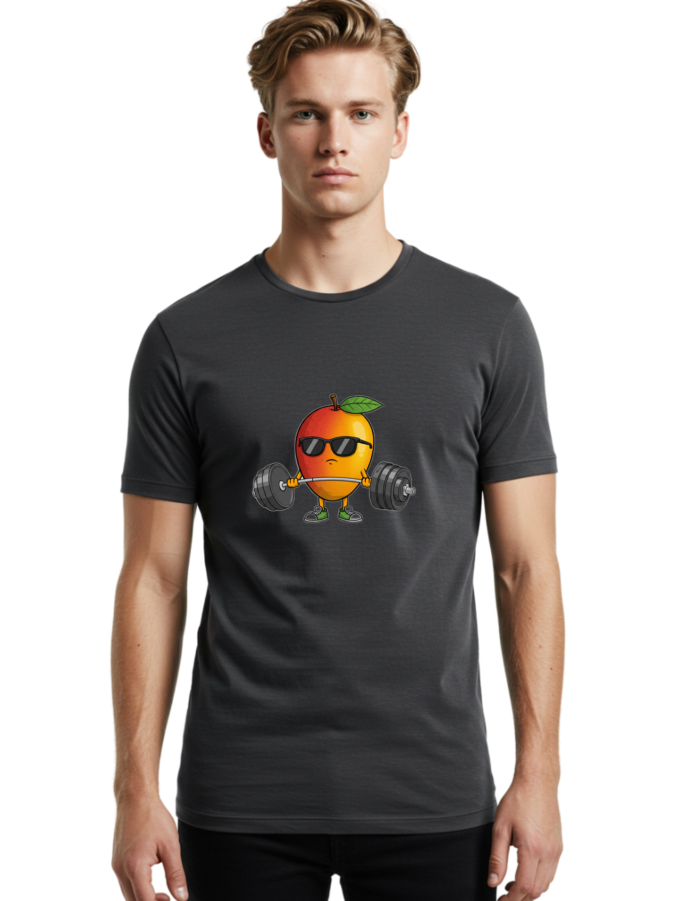 Mango-Fitness Men'S Graphic Tee, 100% Cotton, Comfortable Casual Summer Wear, Machine Washable, Cartoon Mango, Weightlifting, Fitness, Exercise, Sunglasses, Dumbbells, Healthy Lifestyle, Fruit Character, Gym, Workout Routine, Strong Fruit Bac144