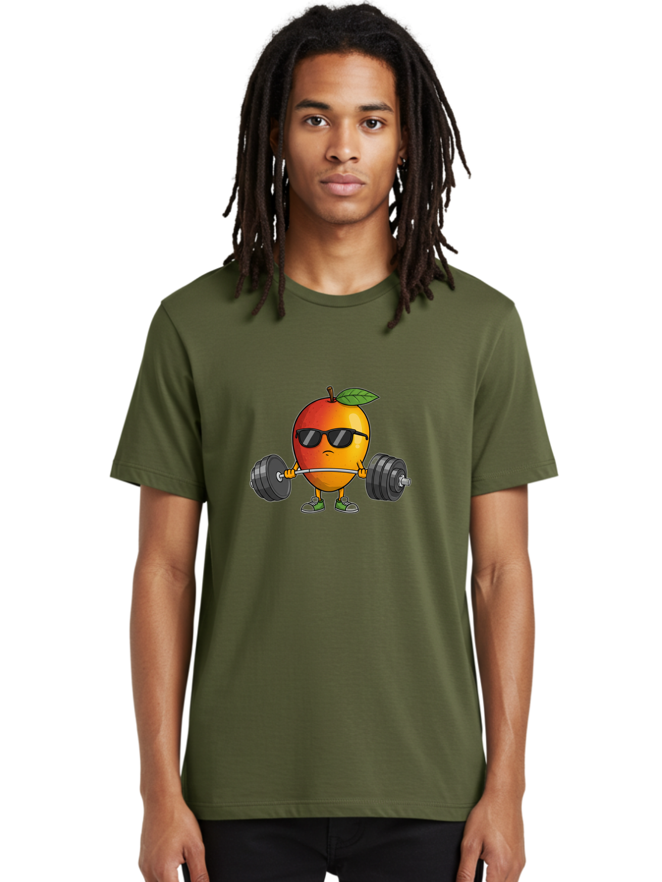 Mango-Fitness Men'S Graphic Tee, 100% Cotton, Comfortable Casual Summer Wear, Machine Washable, Cartoon Mango, Weightlifting, Fitness, Exercise, Sunglasses, Dumbbells, Healthy Lifestyle, Fruit Character, Gym, Workout Routine, Strong Fruit Bac144