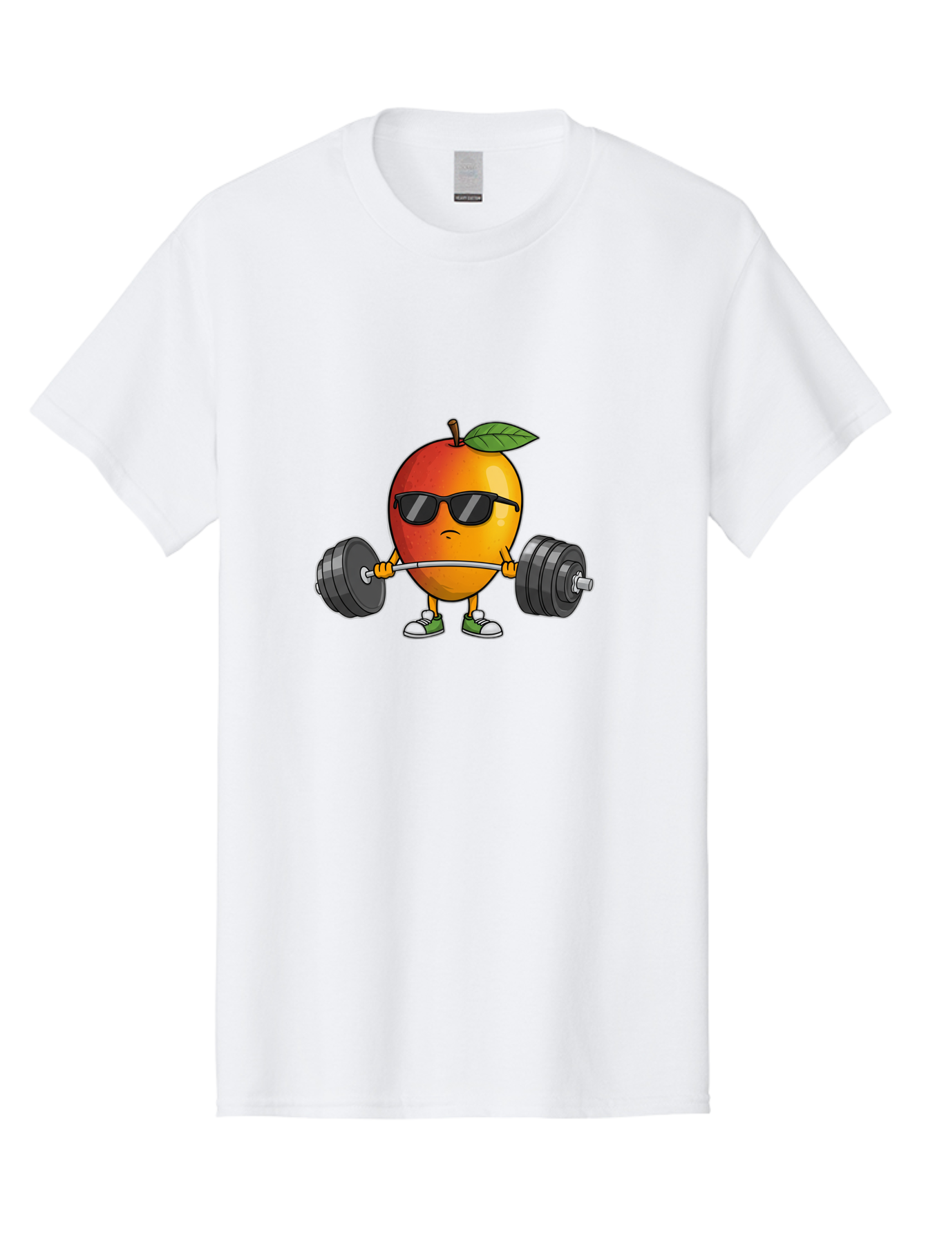 Mango-Fitness Men'S Graphic Tee, 100% Cotton, Comfortable Casual Summer Wear, Machine Washable, Cartoon Mango, Weightlifting, Fitness, Exercise, Sunglasses, Dumbbells, Healthy Lifestyle, Fruit Character, Gym, Workout Routine, Strong Fruit Bac144