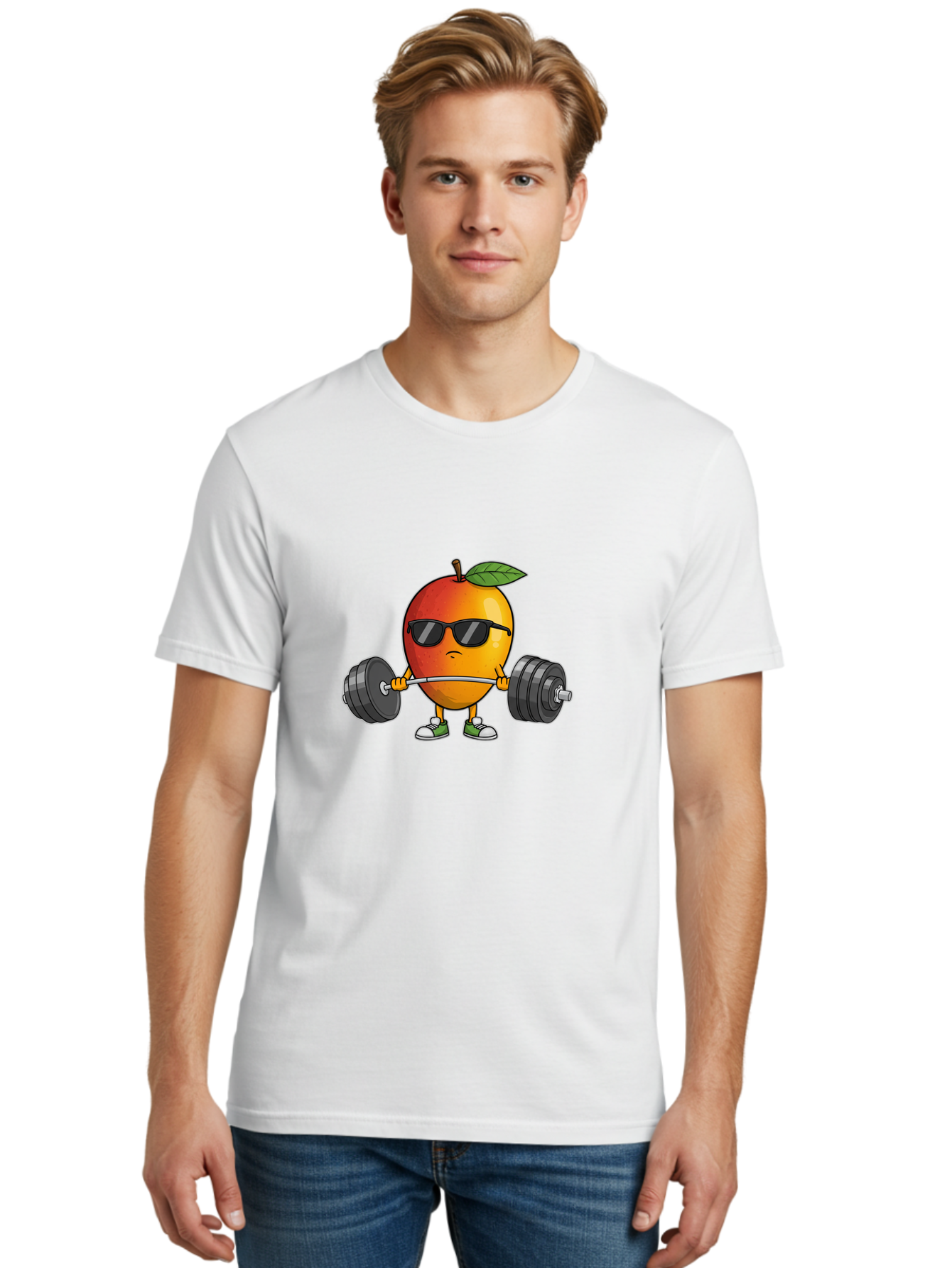 Mango-Fitness Men'S Graphic Tee, 100% Cotton, Comfortable Casual Summer Wear, Machine Washable, Cartoon Mango, Weightlifting, Fitness, Exercise, Sunglasses, Dumbbells, Healthy Lifestyle, Fruit Character, Gym, Workout Routine, Strong Fruit Bac144