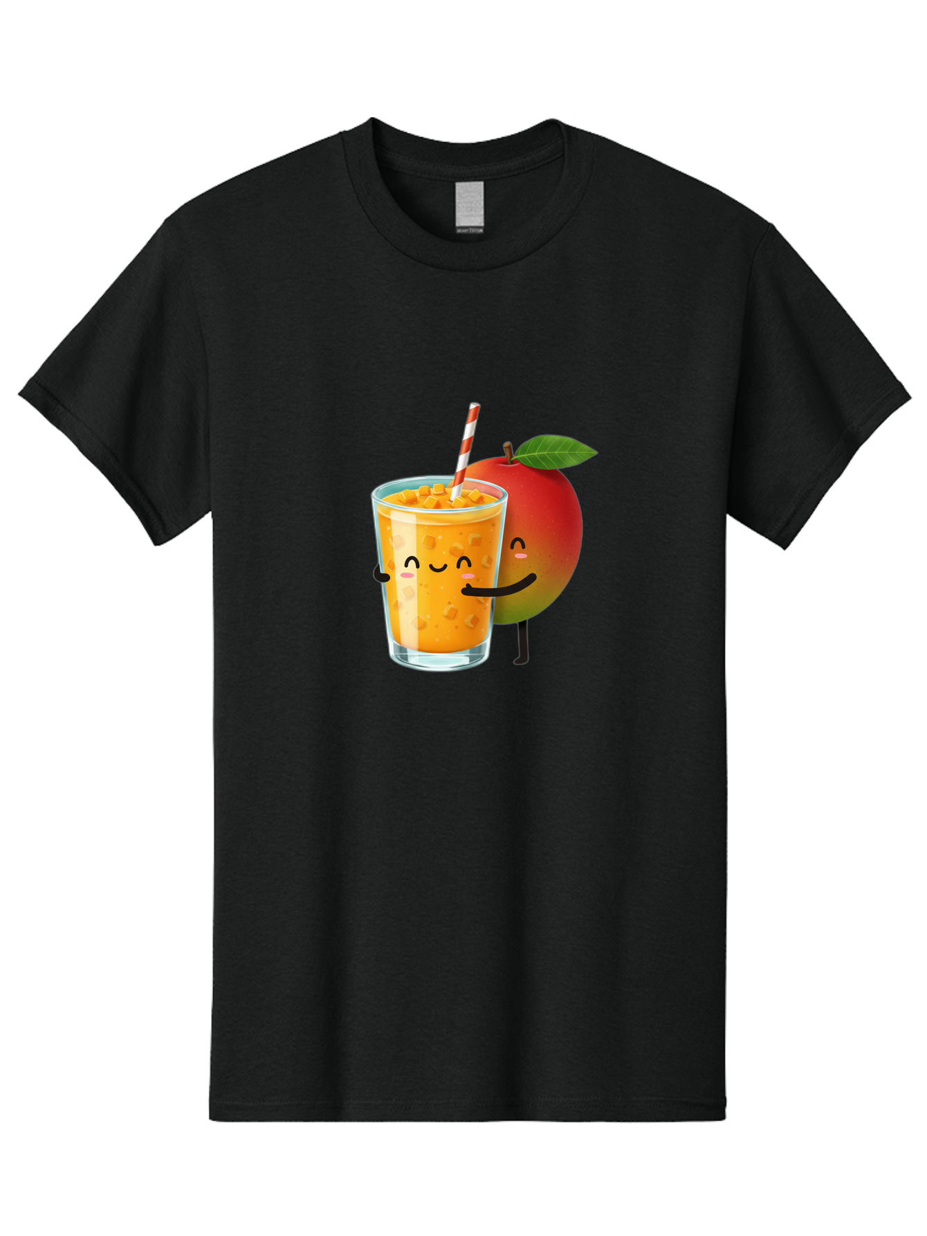 Mango-Juice-1 Men'S Graphic Tee, 100% Cotton, Comfortable Casual Summer Wear, Machine Washable, Cartoon Apple, Mango Juice, Refreshing Drink, Smiling Glass, Red And White Straw, Orange Beverage, Fruit Characters, Happy Face, Healthy Drink, Bac145