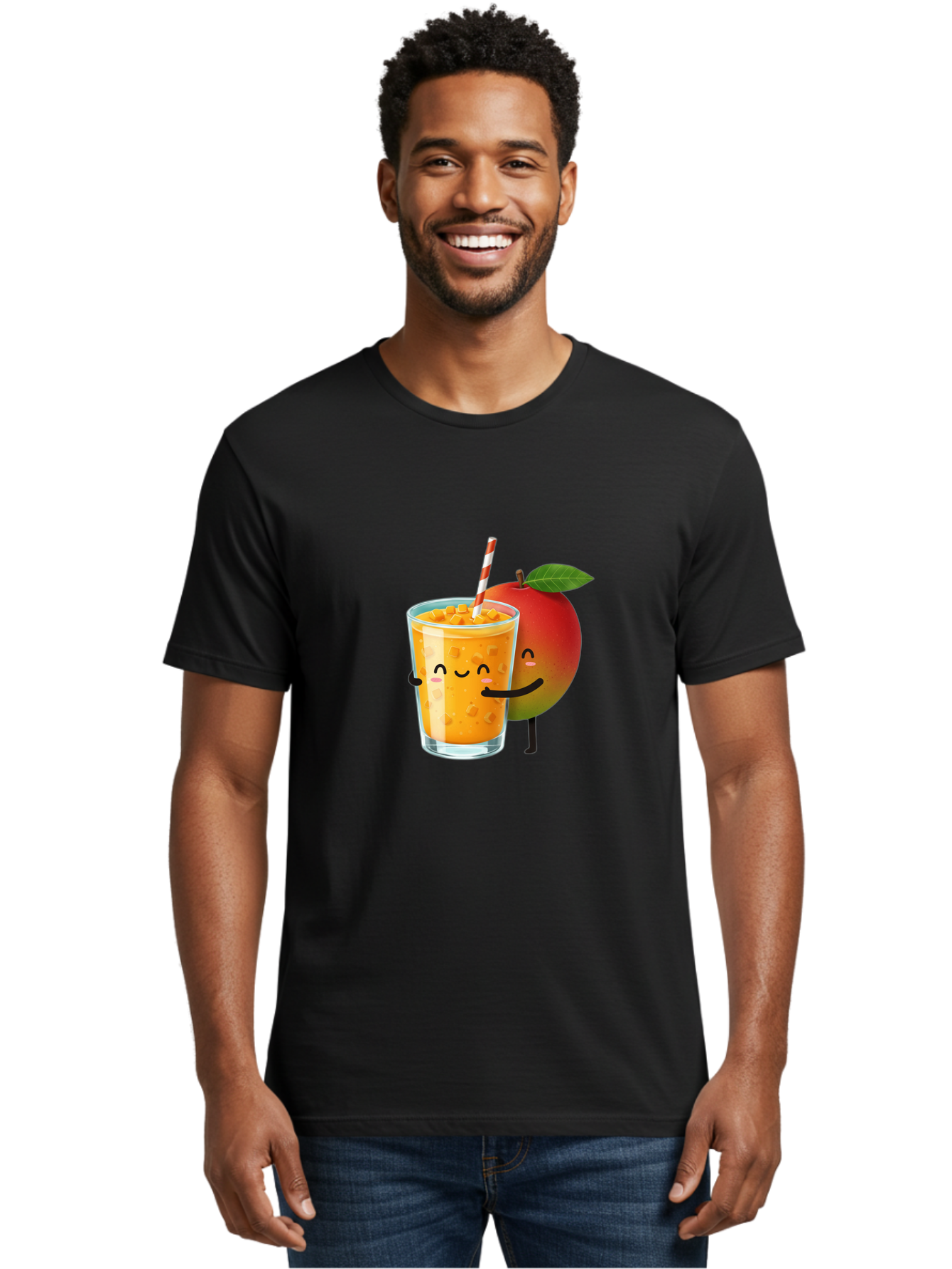 Mango-Juice-1 Men'S Graphic Tee, 100% Cotton, Comfortable Casual Summer Wear, Machine Washable, Cartoon Apple, Mango Juice, Refreshing Drink, Smiling Glass, Red And White Straw, Orange Beverage, Fruit Characters, Happy Face, Healthy Drink, Bac145