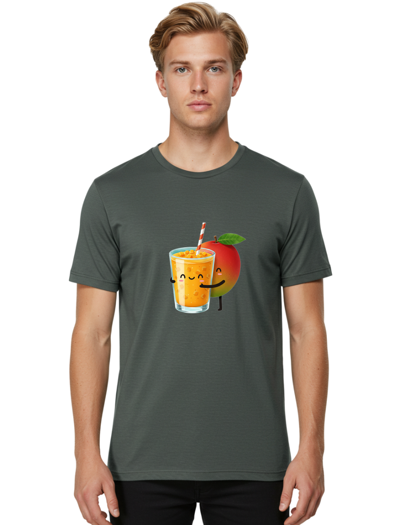Mango-Juice-1 Men'S Graphic Tee, 100% Cotton, Comfortable Casual Summer Wear, Machine Washable, Cartoon Apple, Mango Juice, Refreshing Drink, Smiling Glass, Red And White Straw, Orange Beverage, Fruit Characters, Happy Face, Healthy Drink, Bac145