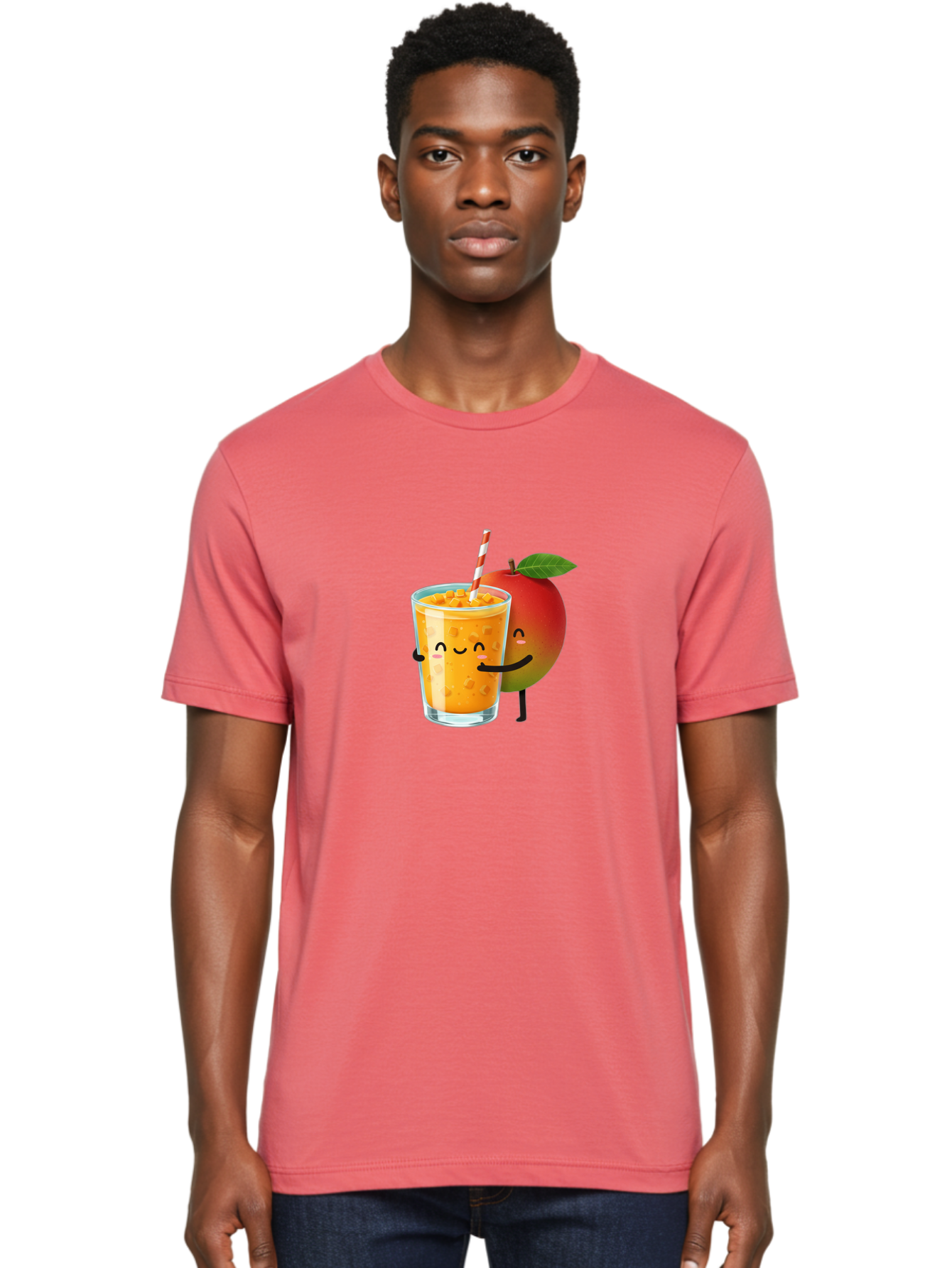 Mango-Juice-1 Men'S Graphic Tee, 100% Cotton, Comfortable Casual Summer Wear, Machine Washable, Cartoon Apple, Mango Juice, Refreshing Drink, Smiling Glass, Red And White Straw, Orange Beverage, Fruit Characters, Happy Face, Healthy Drink, Bac145