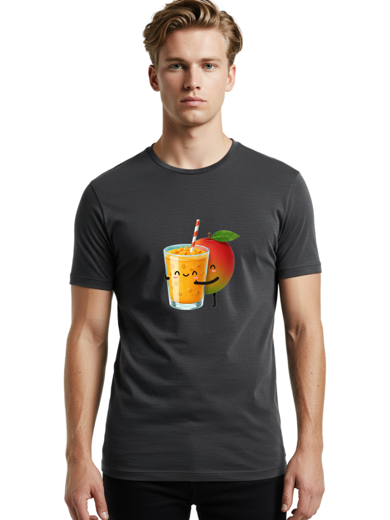Mango-Juice-1 Men'S Graphic Tee, 100% Cotton, Comfortable Casual Summer Wear, Machine Washable, Cartoon Apple, Mango Juice, Refreshing Drink, Smiling Glass, Red And White Straw, Orange Beverage, Fruit Characters, Happy Face, Healthy Drink, Bac145