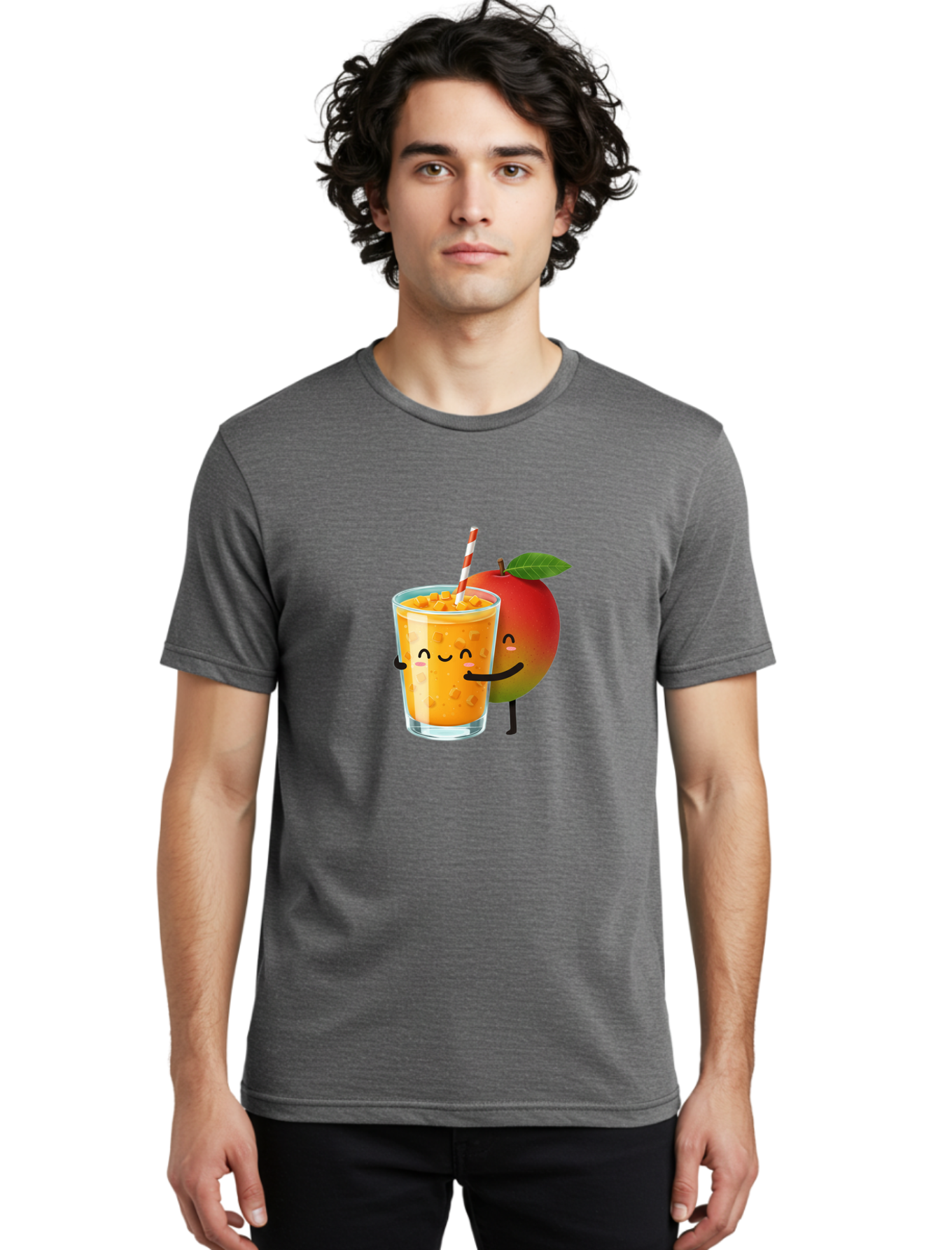 Mango-Juice-1 Men'S Graphic Tee, 100% Cotton, Comfortable Casual Summer Wear, Machine Washable, Cartoon Apple, Mango Juice, Refreshing Drink, Smiling Glass, Red And White Straw, Orange Beverage, Fruit Characters, Happy Face, Healthy Drink, Bac145