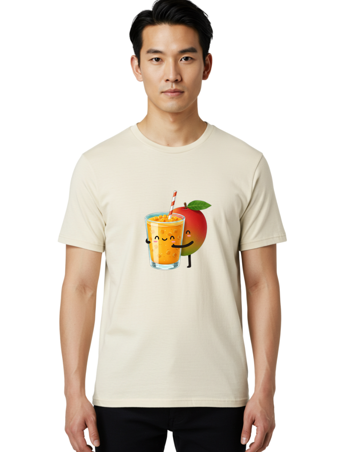 Mango-Juice-1 Men'S Graphic Tee, 100% Cotton, Comfortable Casual Summer Wear, Machine Washable, Cartoon Apple, Mango Juice, Refreshing Drink, Smiling Glass, Red And White Straw, Orange Beverage, Fruit Characters, Happy Face, Healthy Drink, Bac145