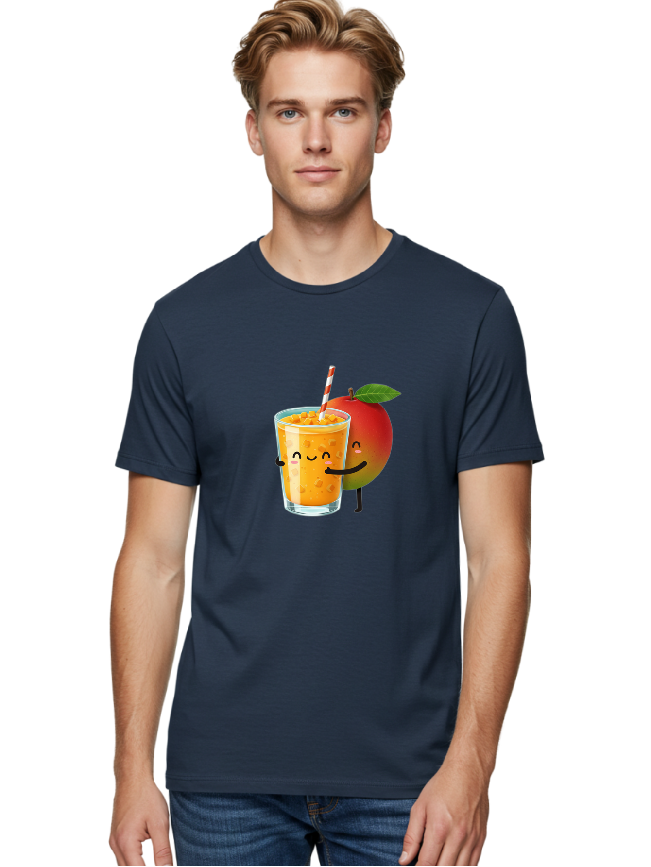 Mango-Juice-1 Men'S Graphic Tee, 100% Cotton, Comfortable Casual Summer Wear, Machine Washable, Cartoon Apple, Mango Juice, Refreshing Drink, Smiling Glass, Red And White Straw, Orange Beverage, Fruit Characters, Happy Face, Healthy Drink, Bac145