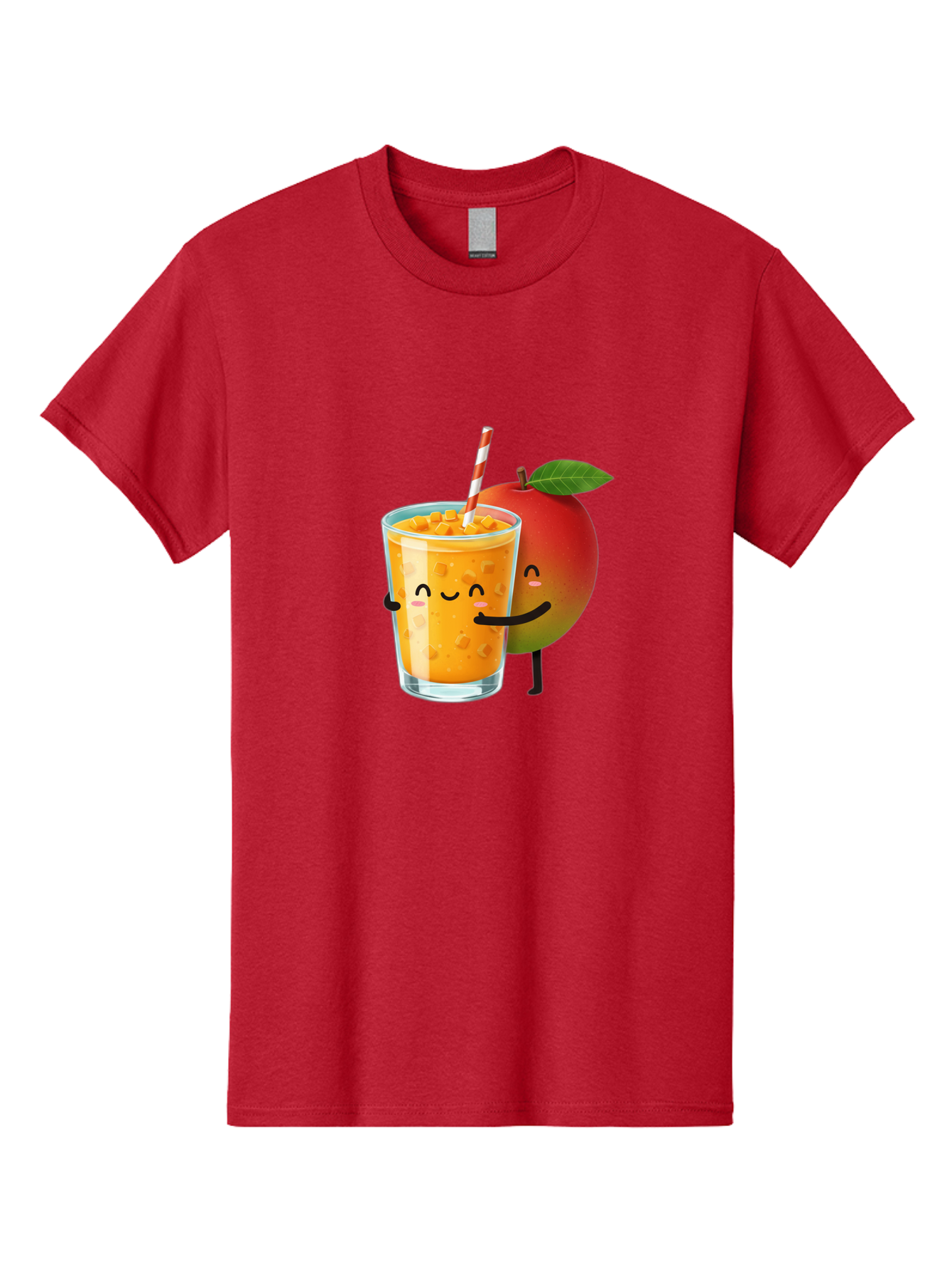 Mango-Juice-1 Men'S Graphic Tee, 100% Cotton, Comfortable Casual Summer Wear, Machine Washable, Cartoon Apple, Mango Juice, Refreshing Drink, Smiling Glass, Red And White Straw, Orange Beverage, Fruit Characters, Happy Face, Healthy Drink, Bac145