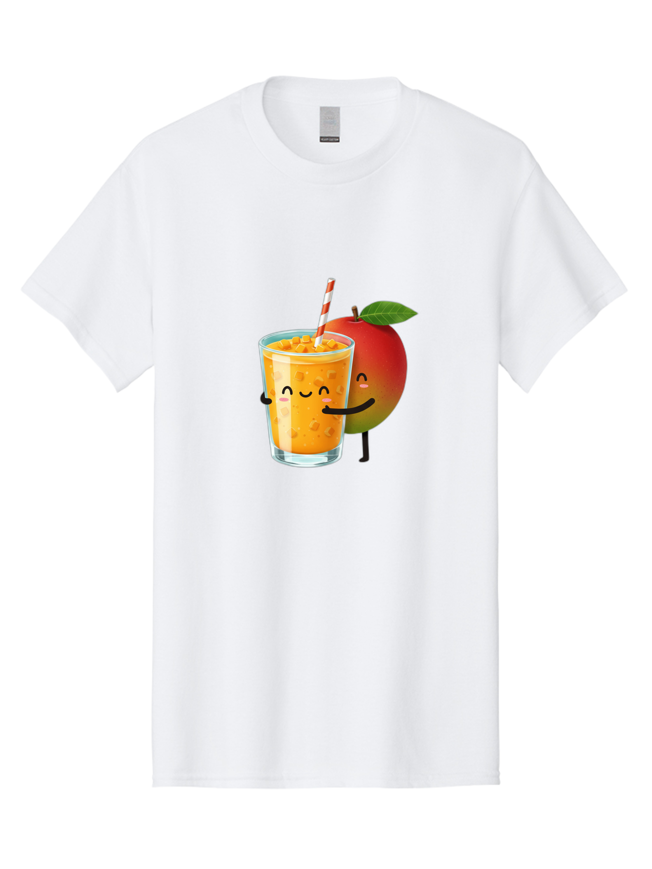 Mango-Juice-1 Men'S Graphic Tee, 100% Cotton, Comfortable Casual Summer Wear, Machine Washable, Cartoon Apple, Mango Juice, Refreshing Drink, Smiling Glass, Red And White Straw, Orange Beverage, Fruit Characters, Happy Face, Healthy Drink, Bac145