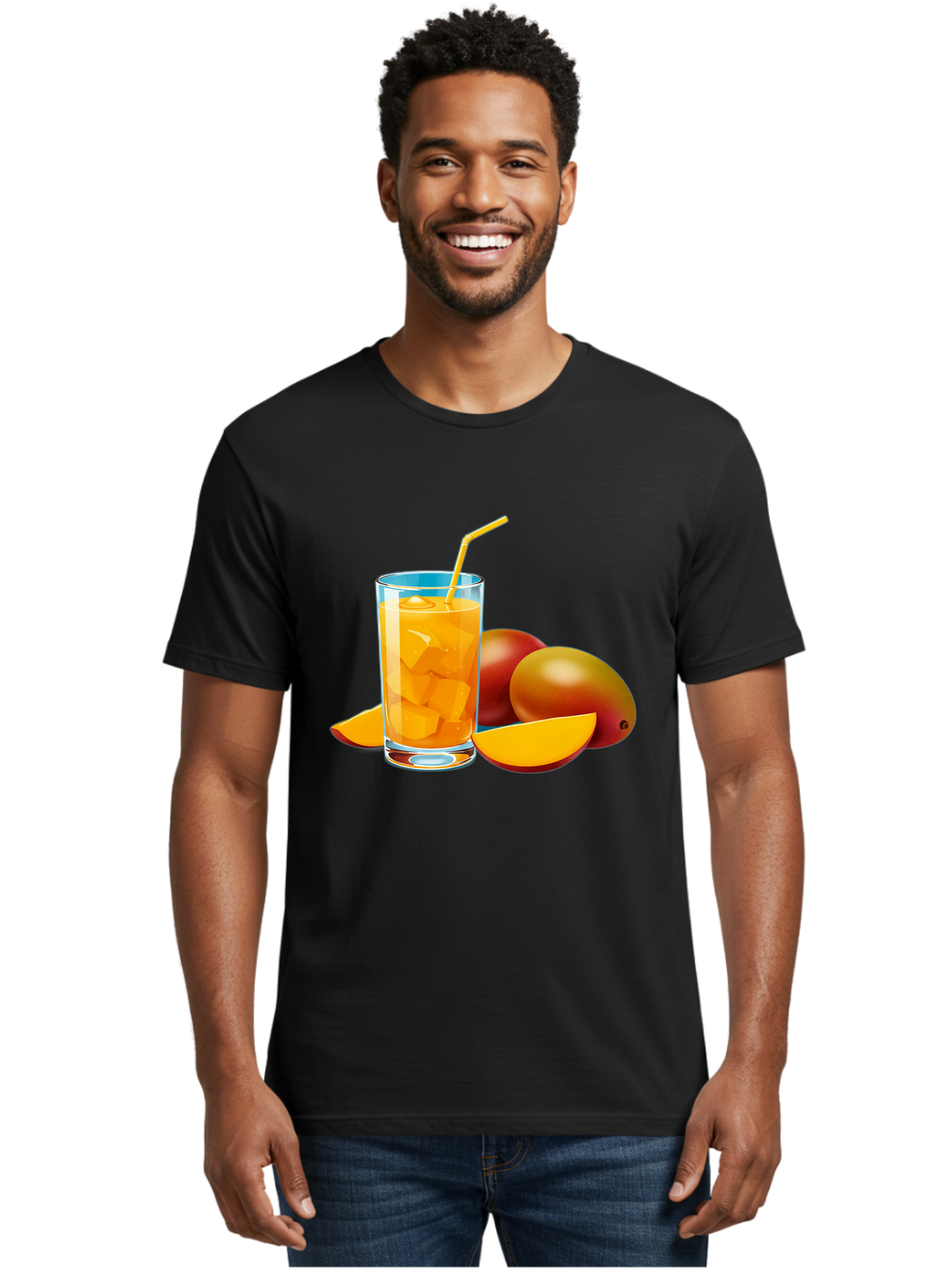 Mango-Juice-2 Men'S Graphic Tee, 100% Cotton, Comfortable Casual Summer Wear, Machine Washable, Mango Juice, Refreshing Drink, Cold Beverage, Tropical Fruit, Mango Chunks, Yellow Straw, Red Mango, Sliced Mango, Summer Drink Bac146
