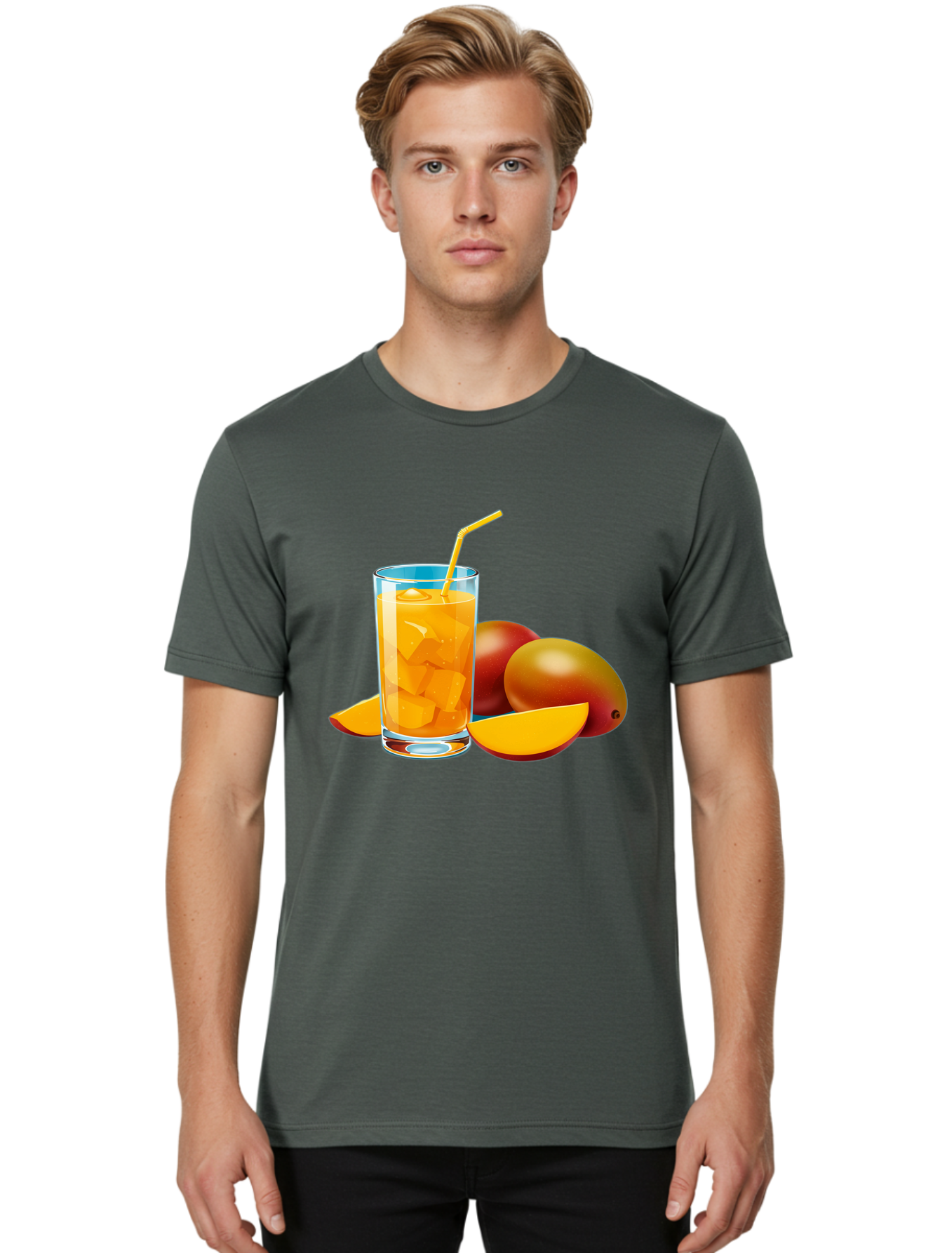Mango-Juice-2 Men'S Graphic Tee, 100% Cotton, Comfortable Casual Summer Wear, Machine Washable, Mango Juice, Refreshing Drink, Cold Beverage, Tropical Fruit, Mango Chunks, Yellow Straw, Red Mango, Sliced Mango, Summer Drink Bac146
