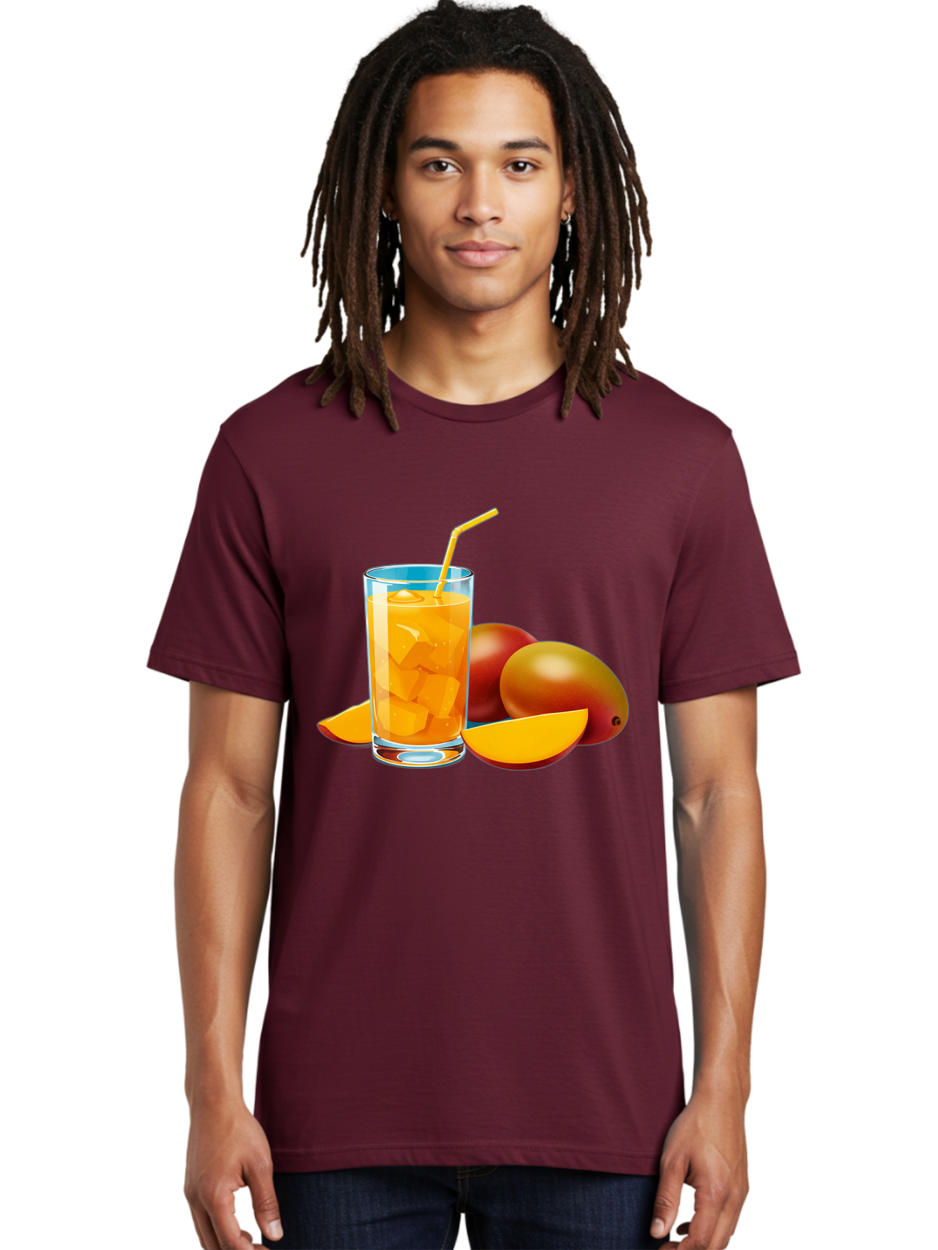 Mango-Juice-2 Men'S Graphic Tee, 100% Cotton, Comfortable Casual Summer Wear, Machine Washable, Mango Juice, Refreshing Drink, Cold Beverage, Tropical Fruit, Mango Chunks, Yellow Straw, Red Mango, Sliced Mango, Summer Drink Bac146