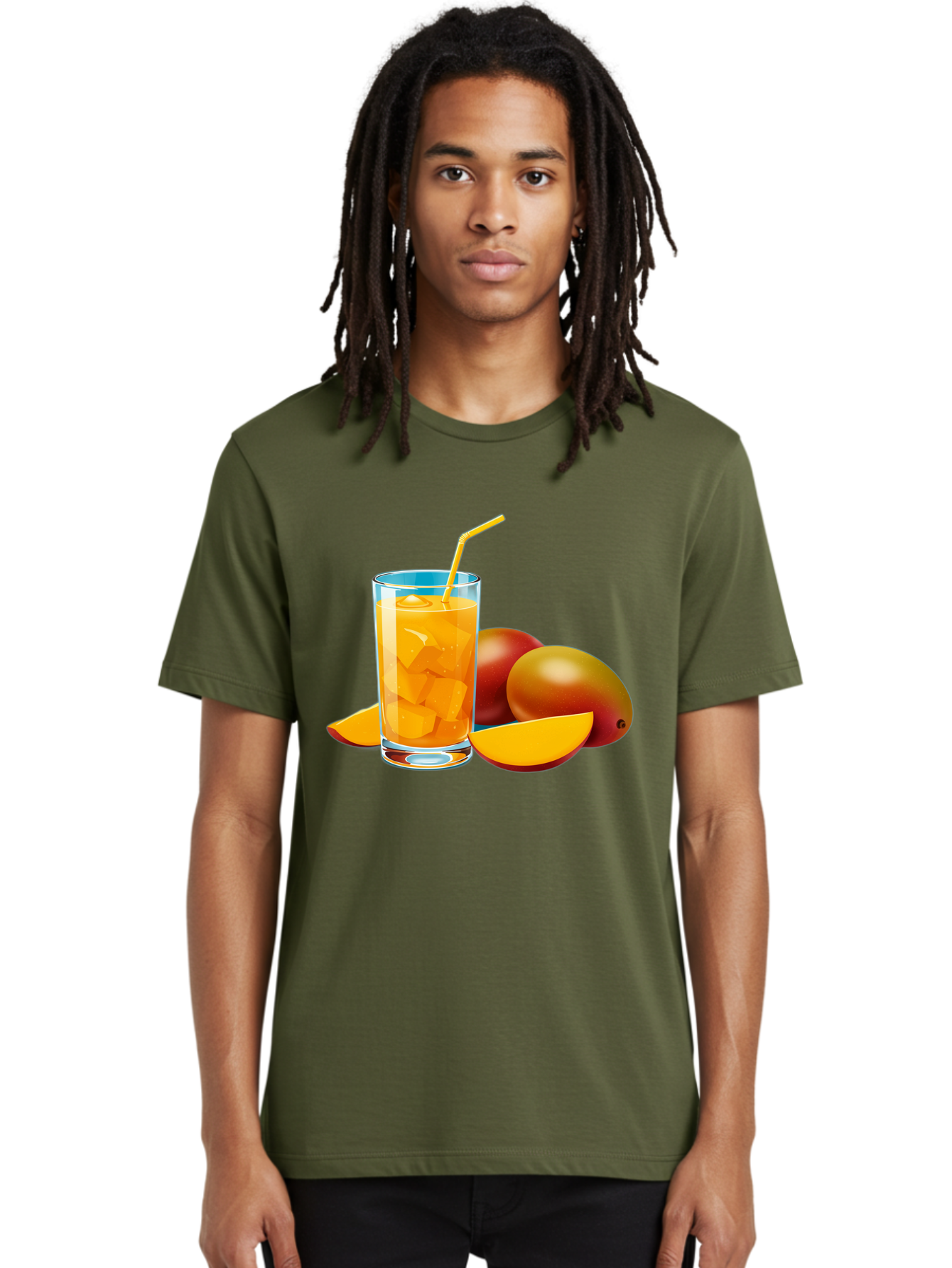 Mango-Juice-2 Men'S Graphic Tee, 100% Cotton, Comfortable Casual Summer Wear, Machine Washable, Mango Juice, Refreshing Drink, Cold Beverage, Tropical Fruit, Mango Chunks, Yellow Straw, Red Mango, Sliced Mango, Summer Drink Bac146