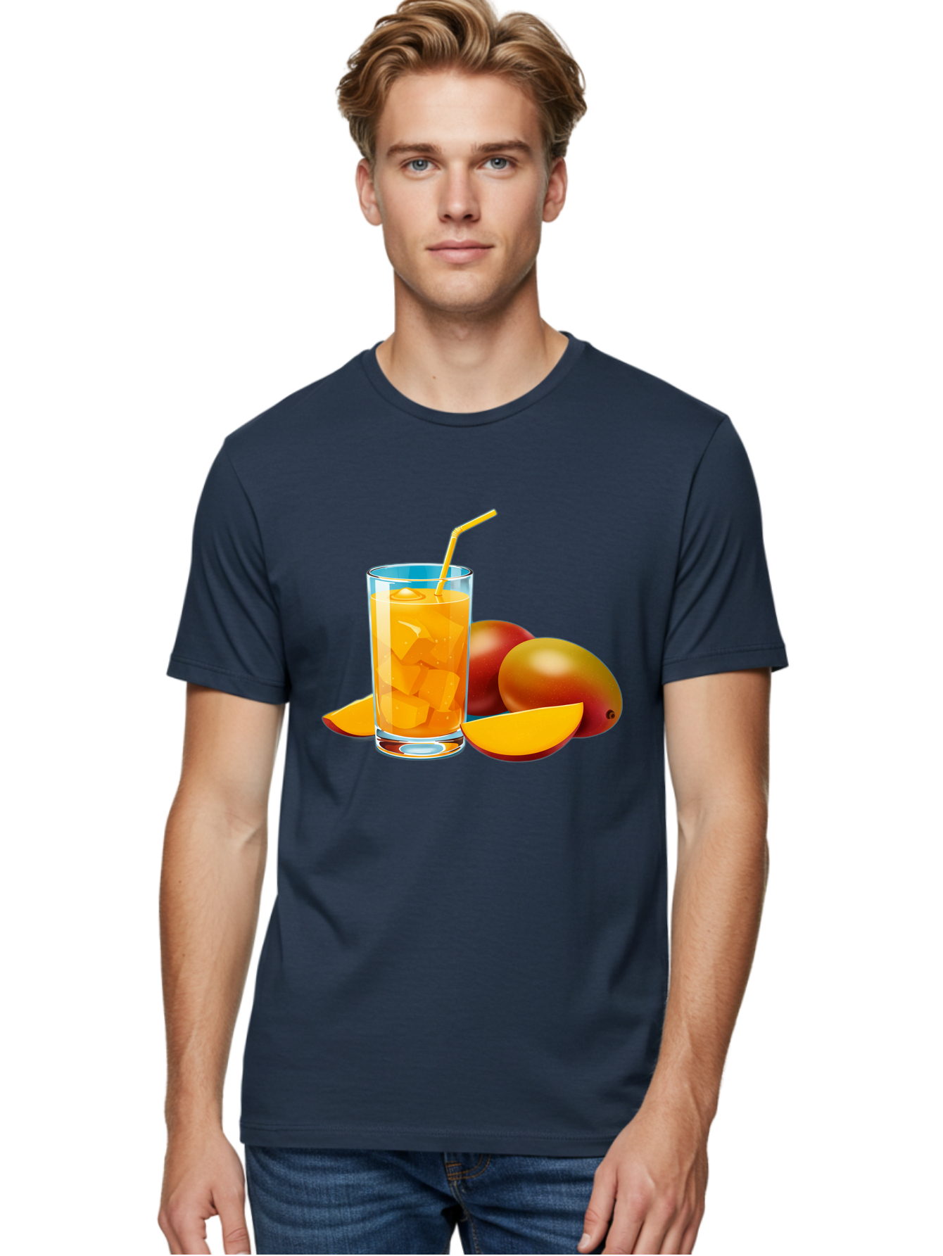 Mango-Juice-2 Men'S Graphic Tee, 100% Cotton, Comfortable Casual Summer Wear, Machine Washable, Mango Juice, Refreshing Drink, Cold Beverage, Tropical Fruit, Mango Chunks, Yellow Straw, Red Mango, Sliced Mango, Summer Drink Bac146