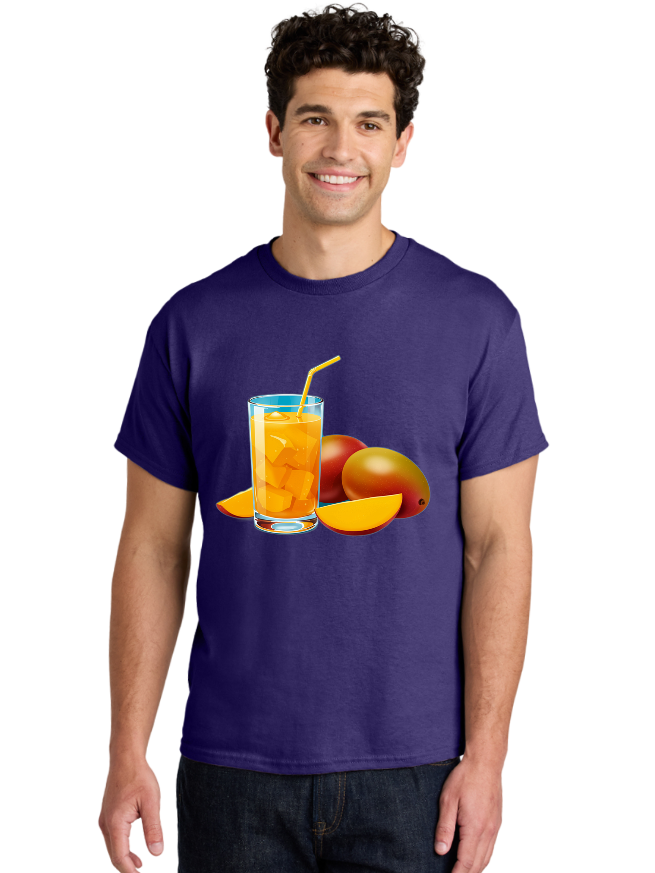 Mango-Juice-2 Men'S Graphic Tee, 100% Cotton, Comfortable Casual Summer Wear, Machine Washable, Mango Juice, Refreshing Drink, Cold Beverage, Tropical Fruit, Mango Chunks, Yellow Straw, Red Mango, Sliced Mango, Summer Drink Bac146