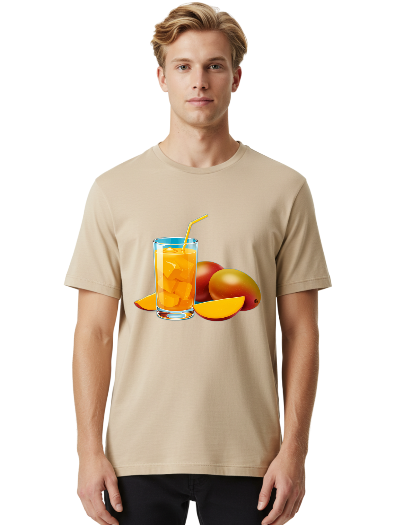 Mango-Juice-2 Men'S Graphic Tee, 100% Cotton, Comfortable Casual Summer Wear, Machine Washable, Mango Juice, Refreshing Drink, Cold Beverage, Tropical Fruit, Mango Chunks, Yellow Straw, Red Mango, Sliced Mango, Summer Drink Bac146