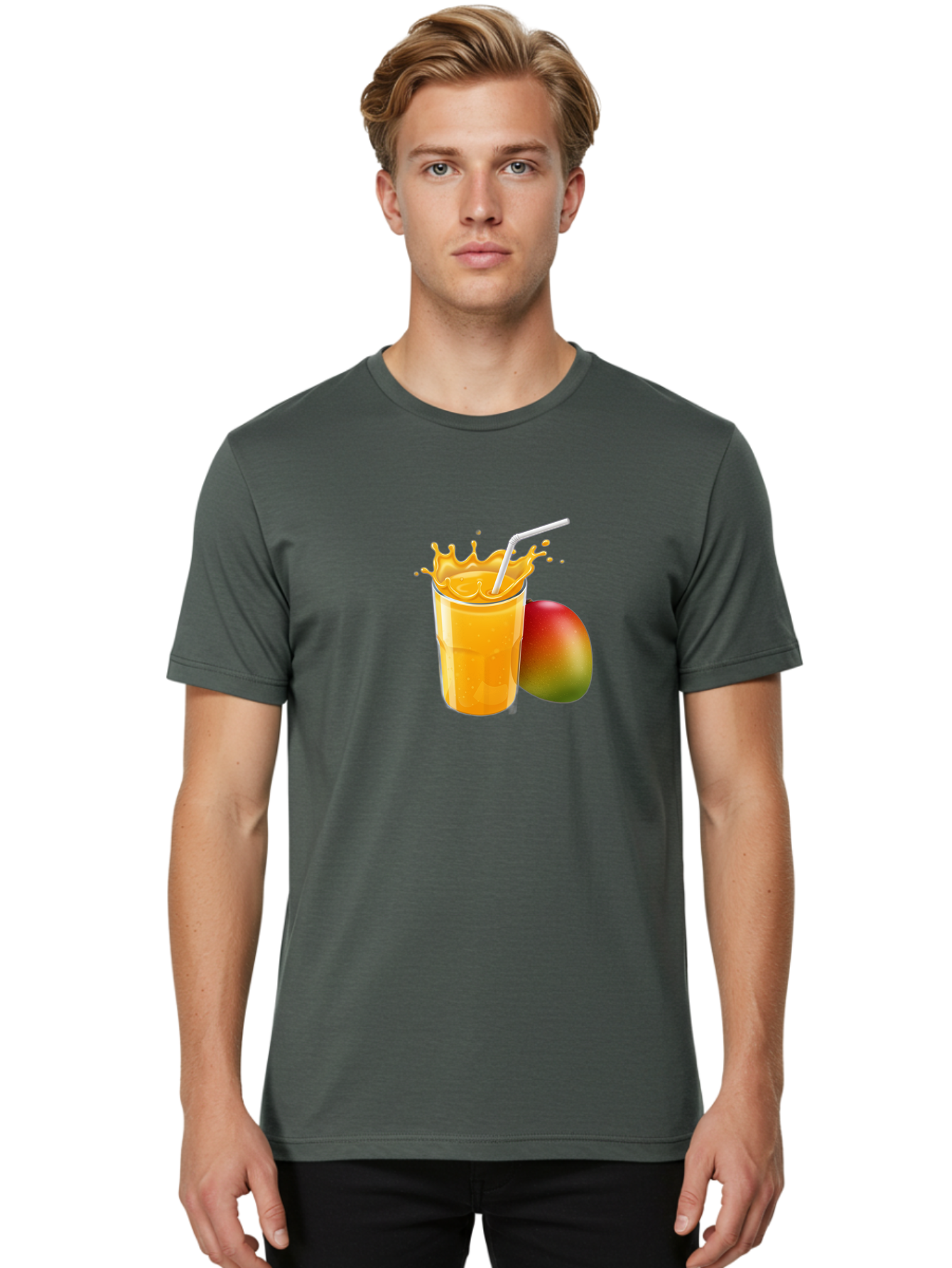 Mango-Juice-3 Men'S Graphic Tee, 100% Cotton, Comfortable Casual Summer Wear, Machine Washable, Mango Juice, Refreshing Drink, Tropical Flavor, Summer Beverage, Healthy Smoothie, Vibrant Orange Color, Splashing Juice, Straw, Whole Mango, Bac147