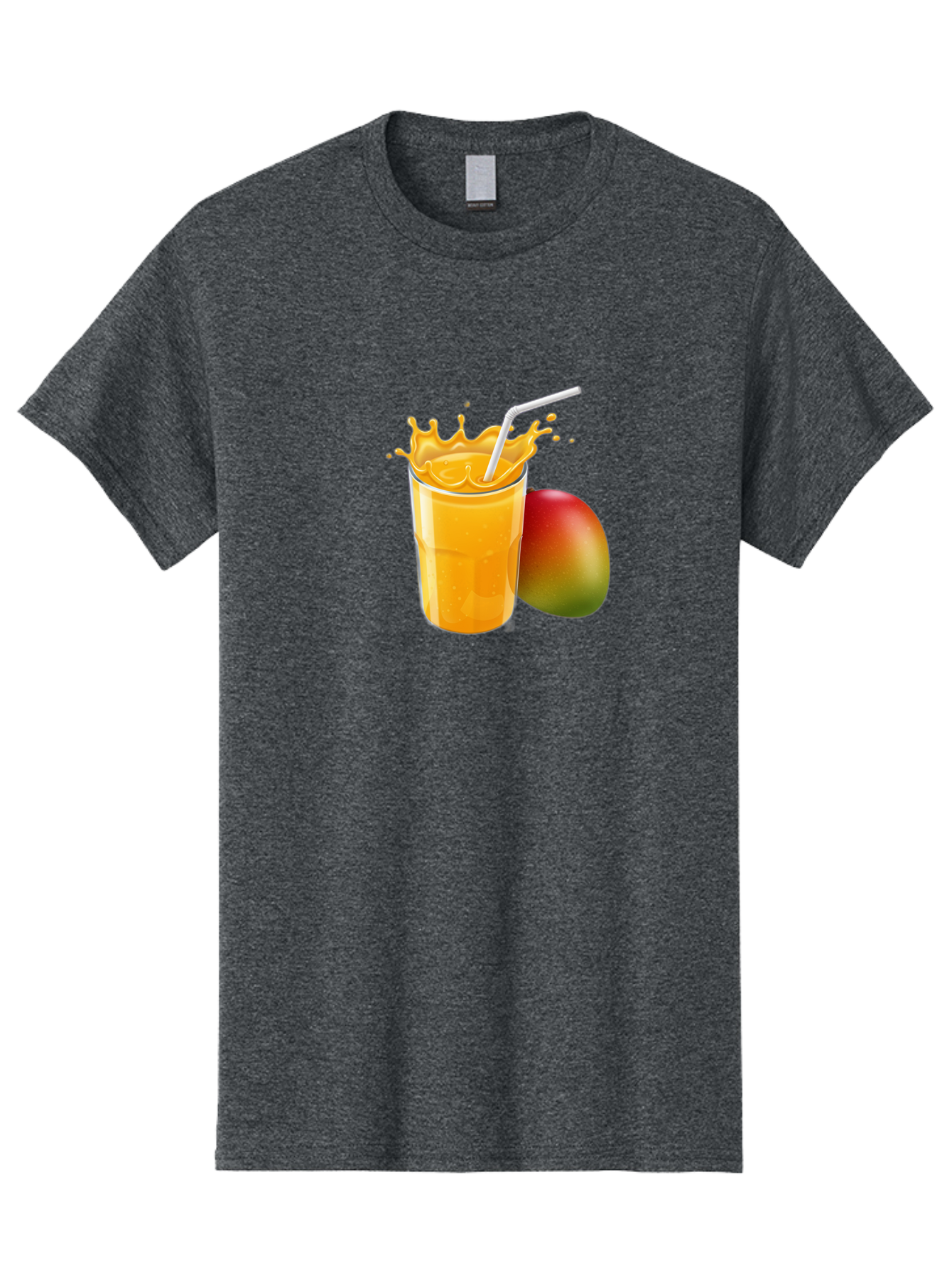 Mango-Juice-3 Men'S Graphic Tee, 100% Cotton, Comfortable Casual Summer Wear, Machine Washable, Mango Juice, Refreshing Drink, Tropical Flavor, Summer Beverage, Healthy Smoothie, Vibrant Orange Color, Splashing Juice, Straw, Whole Mango, Bac147