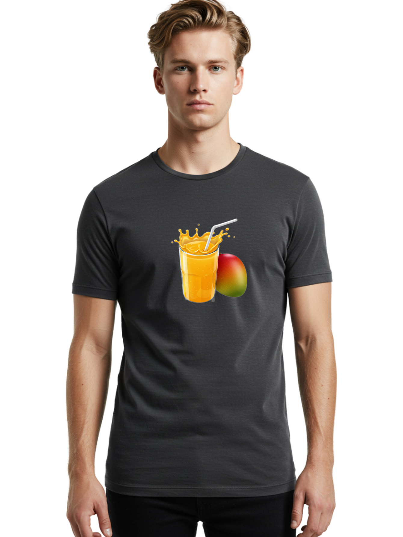 Mango-Juice-3 Men'S Graphic Tee, 100% Cotton, Comfortable Casual Summer Wear, Machine Washable, Mango Juice, Refreshing Drink, Tropical Flavor, Summer Beverage, Healthy Smoothie, Vibrant Orange Color, Splashing Juice, Straw, Whole Mango, Bac147