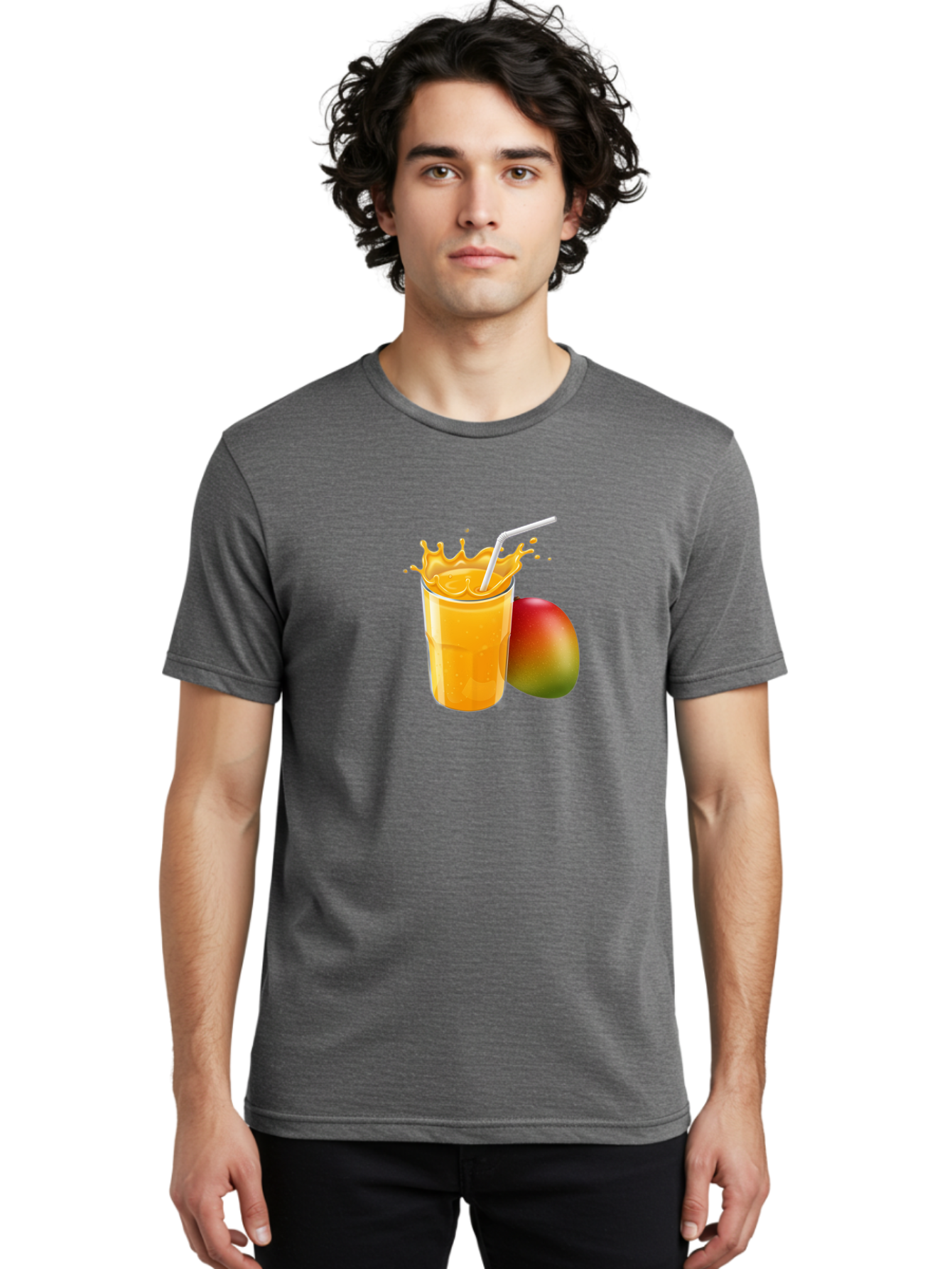 Mango-Juice-3 Men'S Graphic Tee, 100% Cotton, Comfortable Casual Summer Wear, Machine Washable, Mango Juice, Refreshing Drink, Tropical Flavor, Summer Beverage, Healthy Smoothie, Vibrant Orange Color, Splashing Juice, Straw, Whole Mango, Bac147