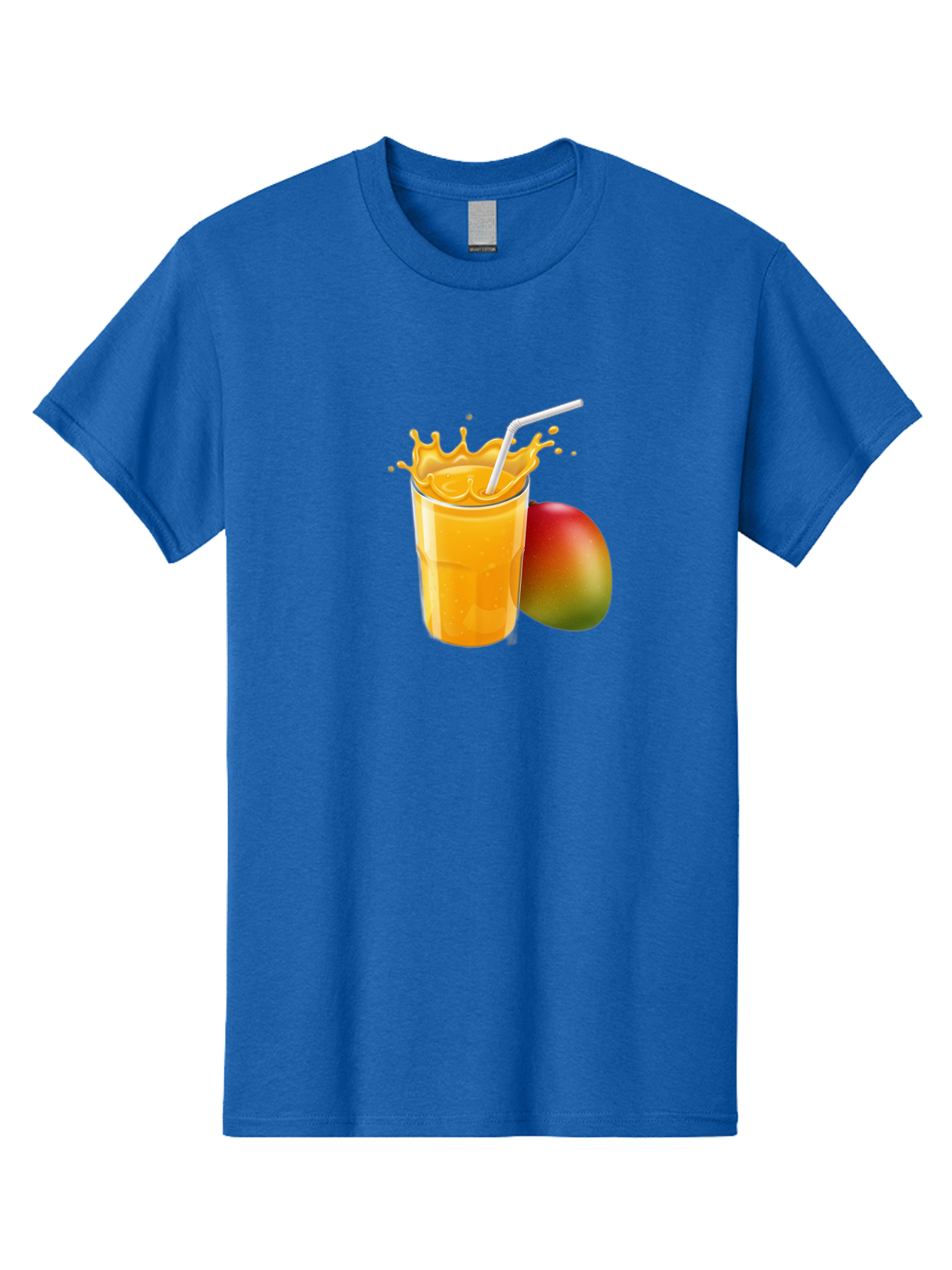 Mango-Juice-3 Men'S Graphic Tee, 100% Cotton, Comfortable Casual Summer Wear, Machine Washable, Mango Juice, Refreshing Drink, Tropical Flavor, Summer Beverage, Healthy Smoothie, Vibrant Orange Color, Splashing Juice, Straw, Whole Mango, Bac147