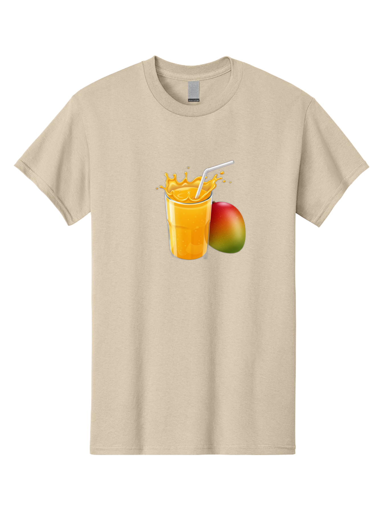 Mango-Juice-3 Men'S Graphic Tee, 100% Cotton, Comfortable Casual Summer Wear, Machine Washable, Mango Juice, Refreshing Drink, Tropical Flavor, Summer Beverage, Healthy Smoothie, Vibrant Orange Color, Splashing Juice, Straw, Whole Mango, Bac147
