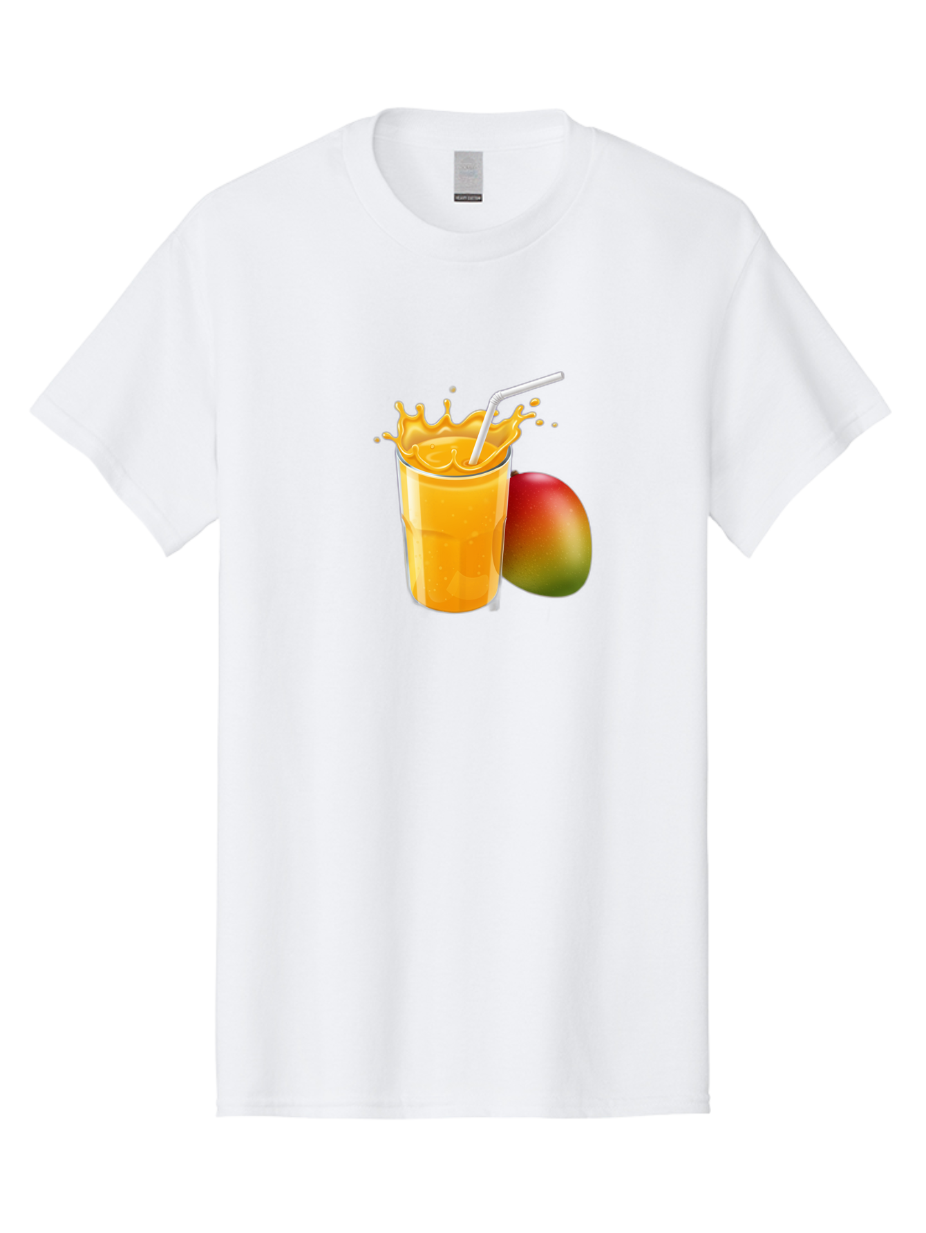 Mango-Juice-3 Men'S Graphic Tee, 100% Cotton, Comfortable Casual Summer Wear, Machine Washable, Mango Juice, Refreshing Drink, Tropical Flavor, Summer Beverage, Healthy Smoothie, Vibrant Orange Color, Splashing Juice, Straw, Whole Mango, Bac147
