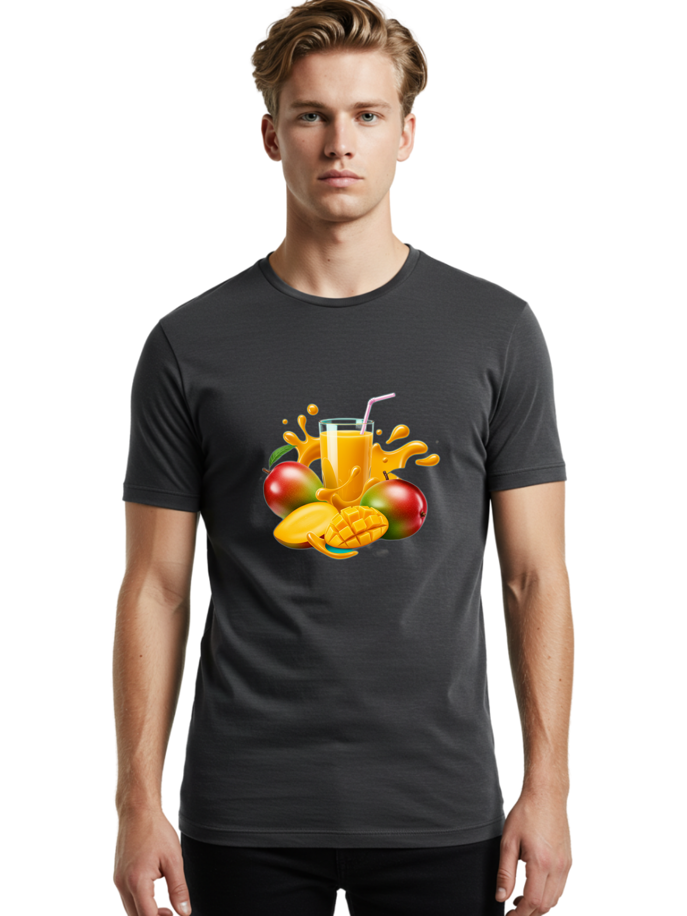 Mango-Juice-4 Men'S Graphic Tee, 100% Cotton, Comfortable Casual Summer Wear, Machine Washable, Fresh Mango Juice, Ripe Mangoes, Healthy Drink, Refreshing Beverage, Tropical Flavors, Fruit Smoothie, Vibrant Colors, Juice Splash Bac148