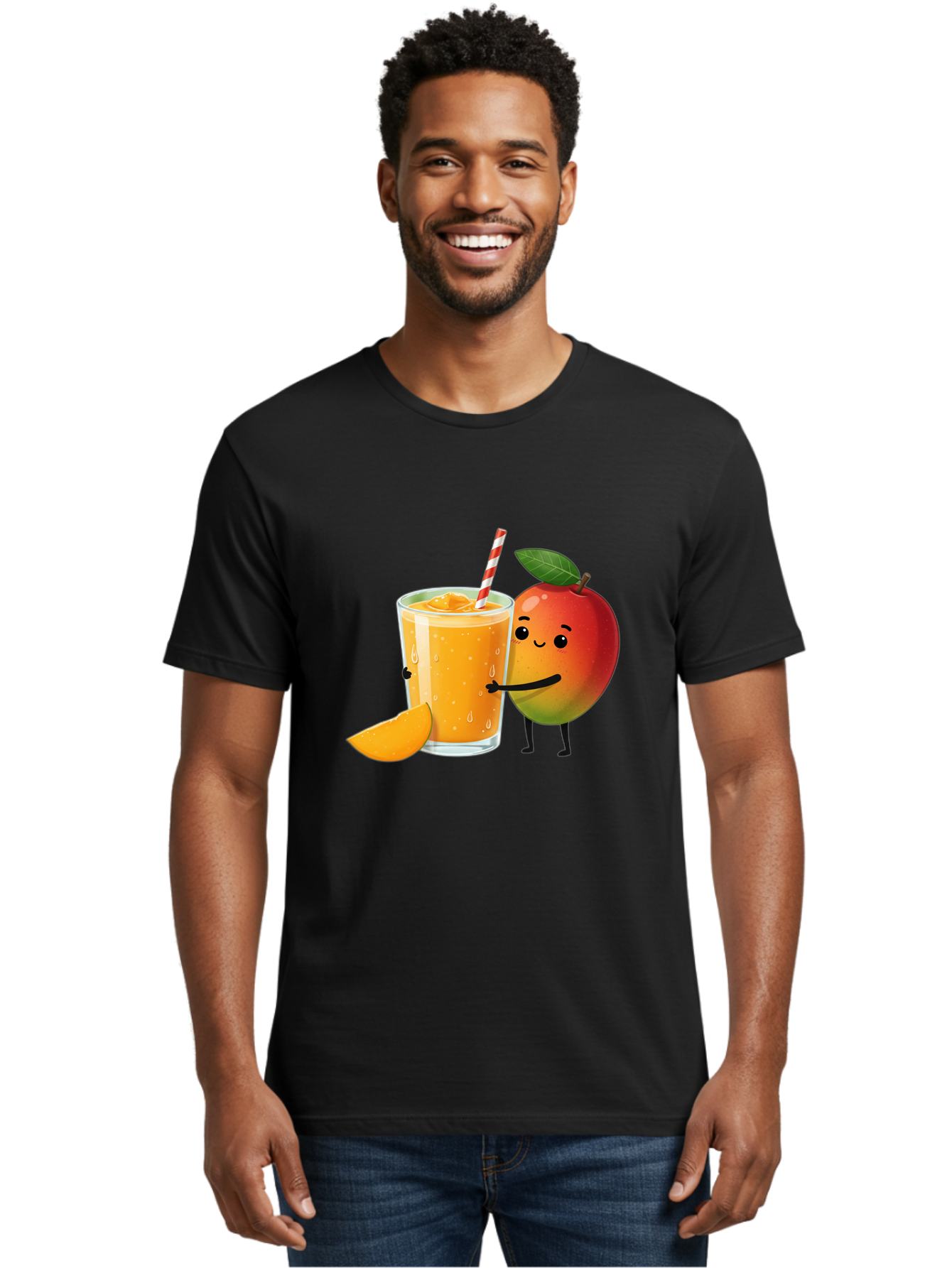 Mango-Juice Men'S Graphic Tee, 100% Cotton, Comfortable Casual Summer Wear, Machine Washable, Mango Juice, Cartoon Characters, Orange Juice, Fruit Juice, Healthy Drink, Refreshing Beverage, Smiling Mango, Cute Character, Orange Drink Bac150