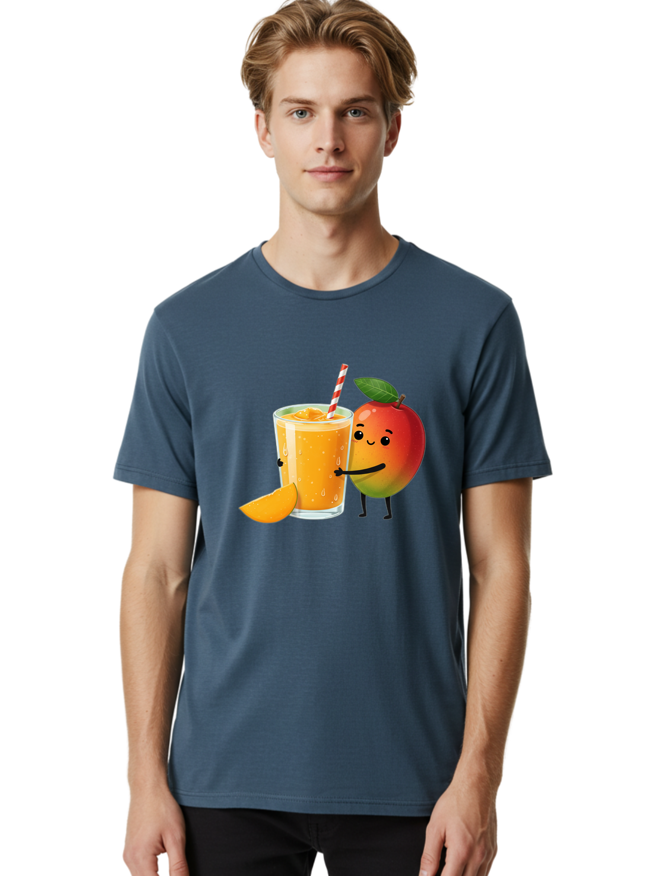 Mango-Juice Men'S Graphic Tee, 100% Cotton, Comfortable Casual Summer Wear, Machine Washable, Mango Juice, Cartoon Characters, Orange Juice, Fruit Juice, Healthy Drink, Refreshing Beverage, Smiling Mango, Cute Character, Orange Drink Bac150