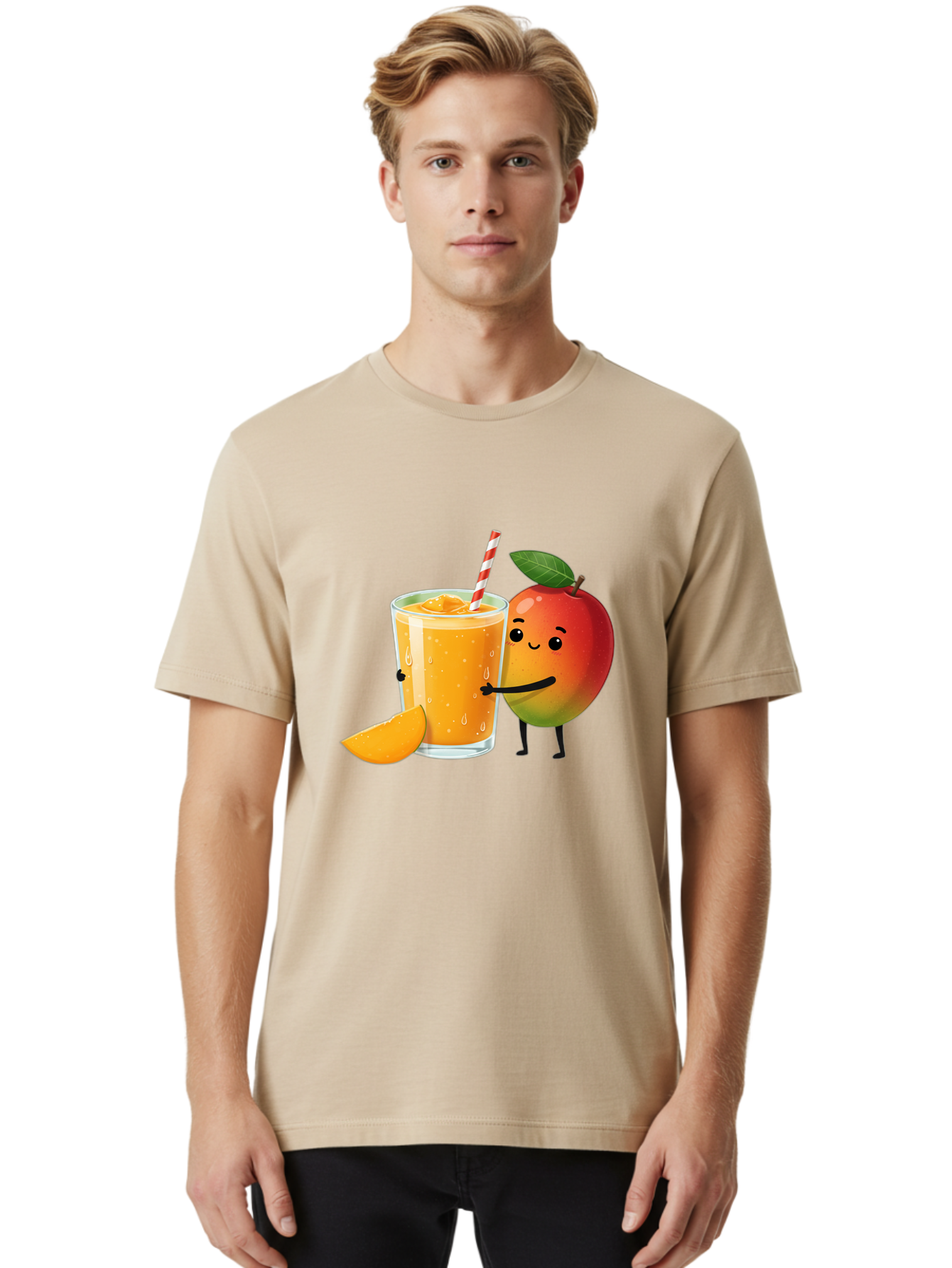 Mango-Juice Men'S Graphic Tee, 100% Cotton, Comfortable Casual Summer Wear, Machine Washable, Mango Juice, Cartoon Characters, Orange Juice, Fruit Juice, Healthy Drink, Refreshing Beverage, Smiling Mango, Cute Character, Orange Drink Bac150