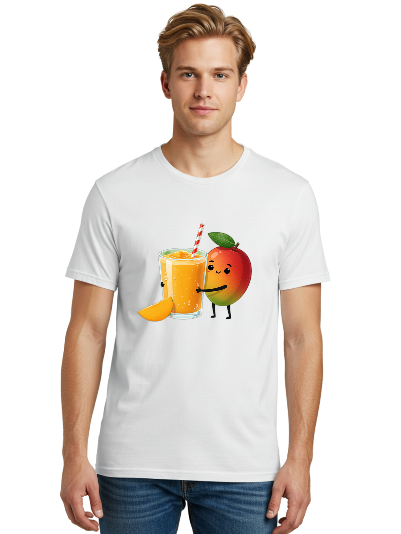 Mango-Juice Men'S Graphic Tee, 100% Cotton, Comfortable Casual Summer Wear, Machine Washable, Mango Juice, Cartoon Characters, Orange Juice, Fruit Juice, Healthy Drink, Refreshing Beverage, Smiling Mango, Cute Character, Orange Drink Bac150