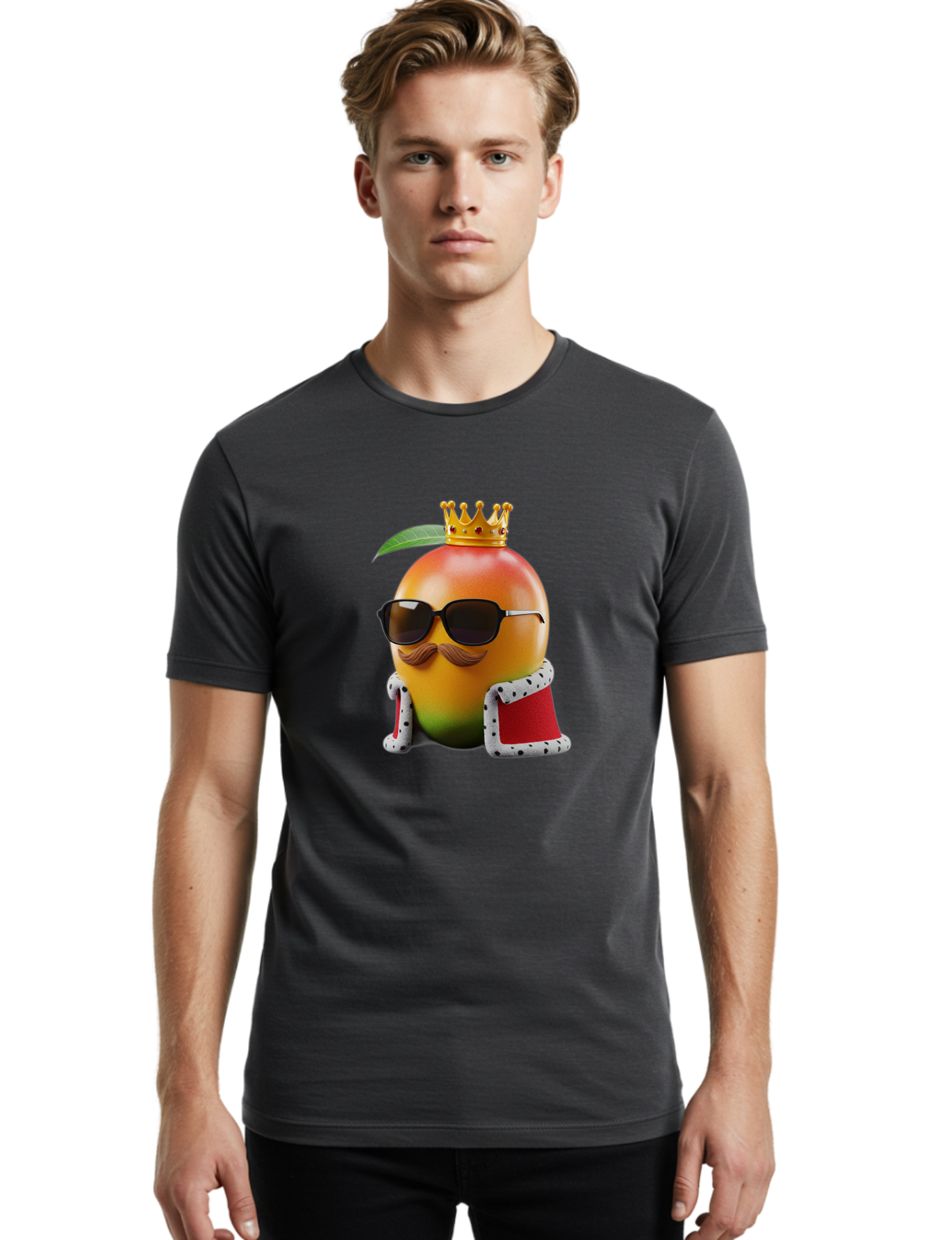 Mango-King Men'S Graphic Tee, 100% Cotton, Comfortable Casual Summer Wear, Machine Washable, Cartoon Mango Character, Mango With Sunglasses, Crown On Mango, Royal Treatment, Funny Fruit, Mango Illustration, Whimsical Design, Playful Art, Bac151
