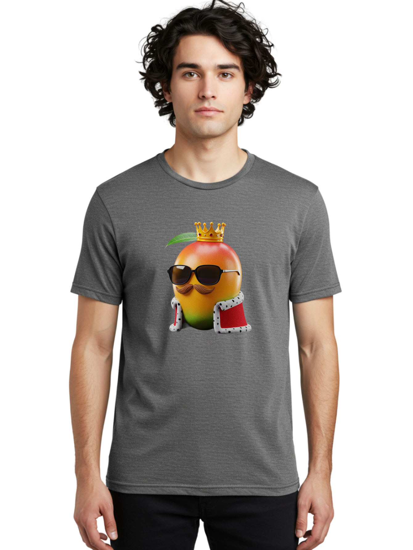 Mango-King Men'S Graphic Tee, 100% Cotton, Comfortable Casual Summer Wear, Machine Washable, Cartoon Mango Character, Mango With Sunglasses, Crown On Mango, Royal Treatment, Funny Fruit, Mango Illustration, Whimsical Design, Playful Art, Bac151