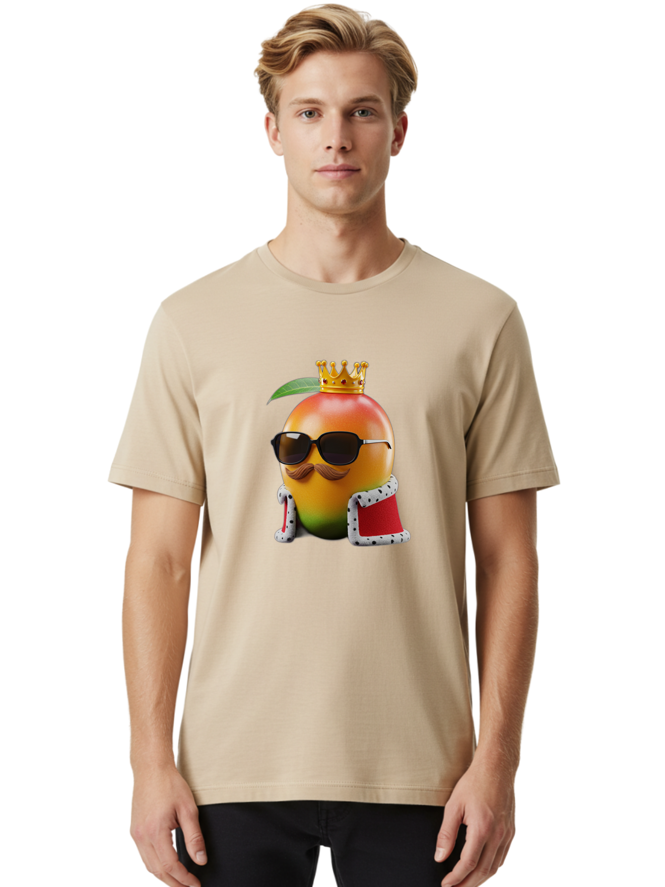 Mango-King Men'S Graphic Tee, 100% Cotton, Comfortable Casual Summer Wear, Machine Washable, Cartoon Mango Character, Mango With Sunglasses, Crown On Mango, Royal Treatment, Funny Fruit, Mango Illustration, Whimsical Design, Playful Art, Bac151