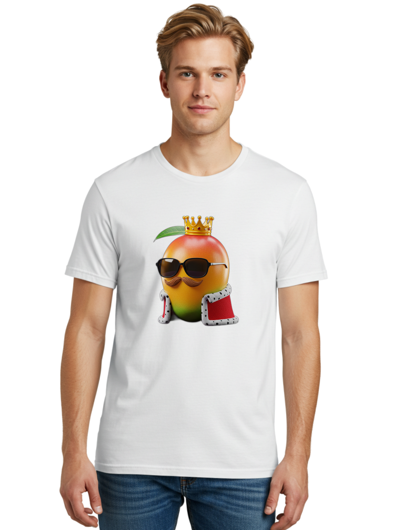 Mango-King Men'S Graphic Tee, 100% Cotton, Comfortable Casual Summer Wear, Machine Washable, Cartoon Mango Character, Mango With Sunglasses, Crown On Mango, Royal Treatment, Funny Fruit, Mango Illustration, Whimsical Design, Playful Art, Bac151