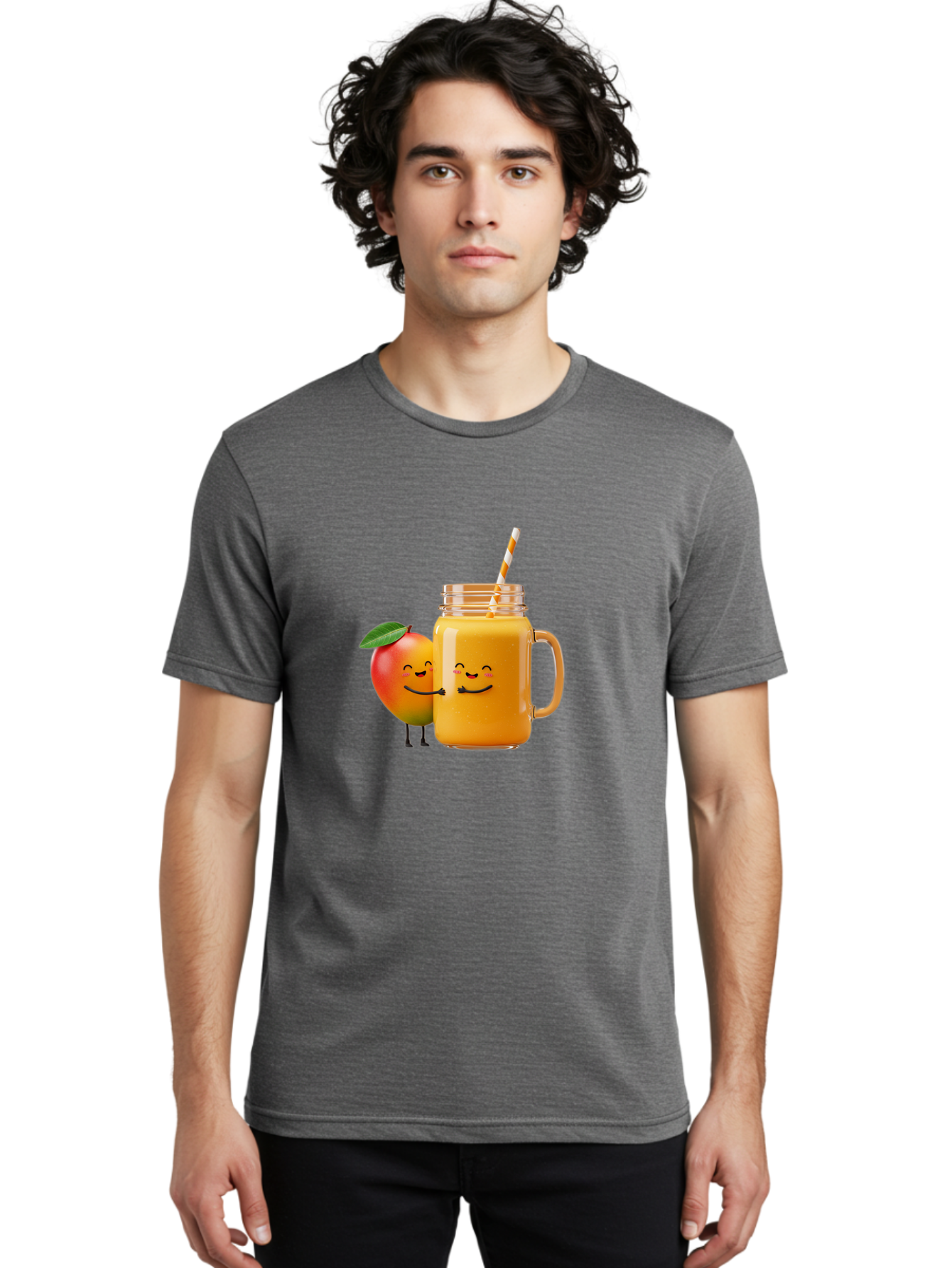 Mango-Smoothie-1 Men'S Graphic Tee, 100% Cotton, Comfortable Casual Summer Wear, Machine Washable, Mango Smoothie, Cartoon Characters, Healthy Drink, Orange Juice, Happy Fruit, Refreshing Beverage, Smiling Face, Straw In Glass Bac153