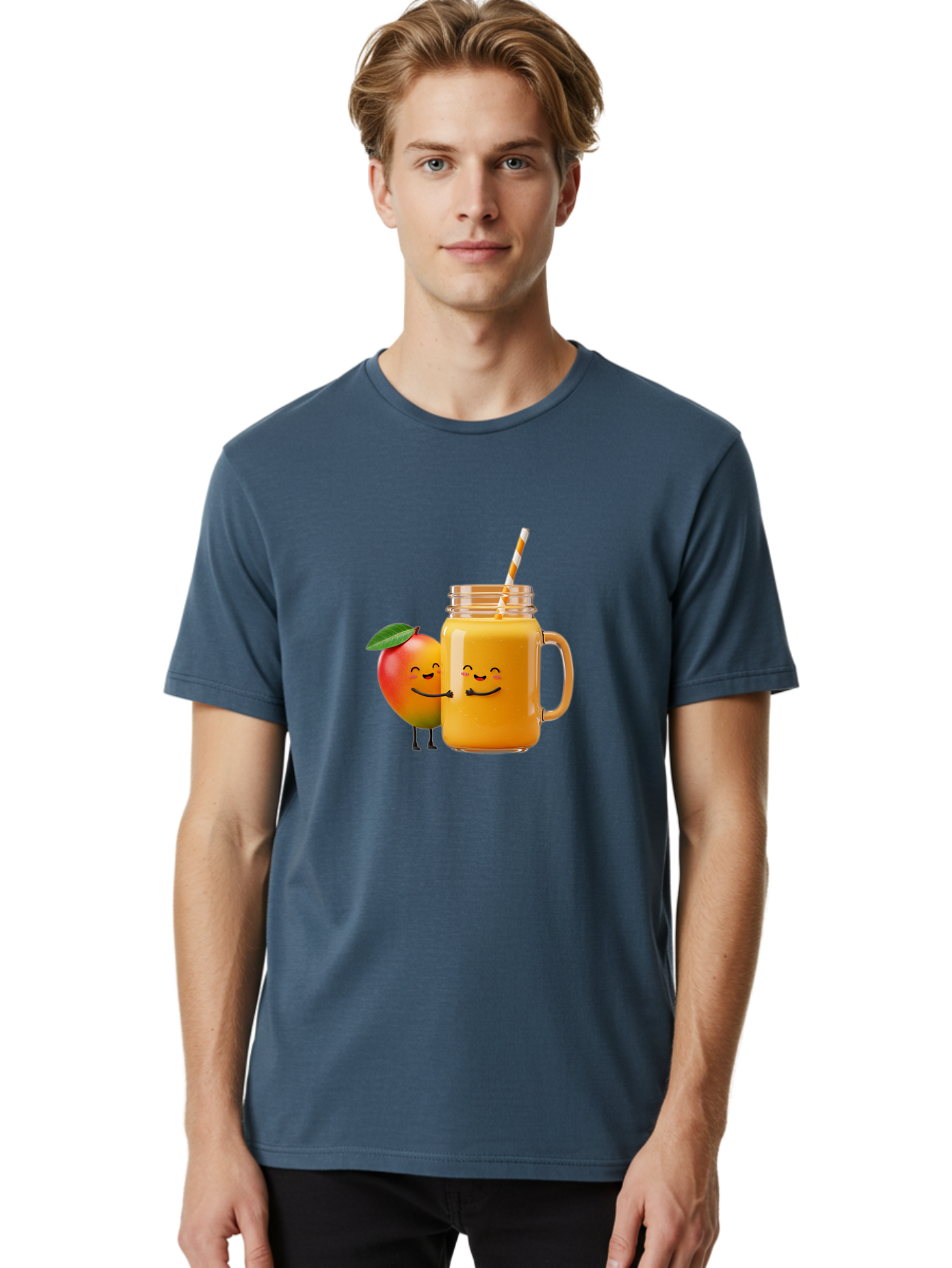 Mango-Smoothie-1 Men'S Graphic Tee, 100% Cotton, Comfortable Casual Summer Wear, Machine Washable, Mango Smoothie, Cartoon Characters, Healthy Drink, Orange Juice, Happy Fruit, Refreshing Beverage, Smiling Face, Straw In Glass Bac153