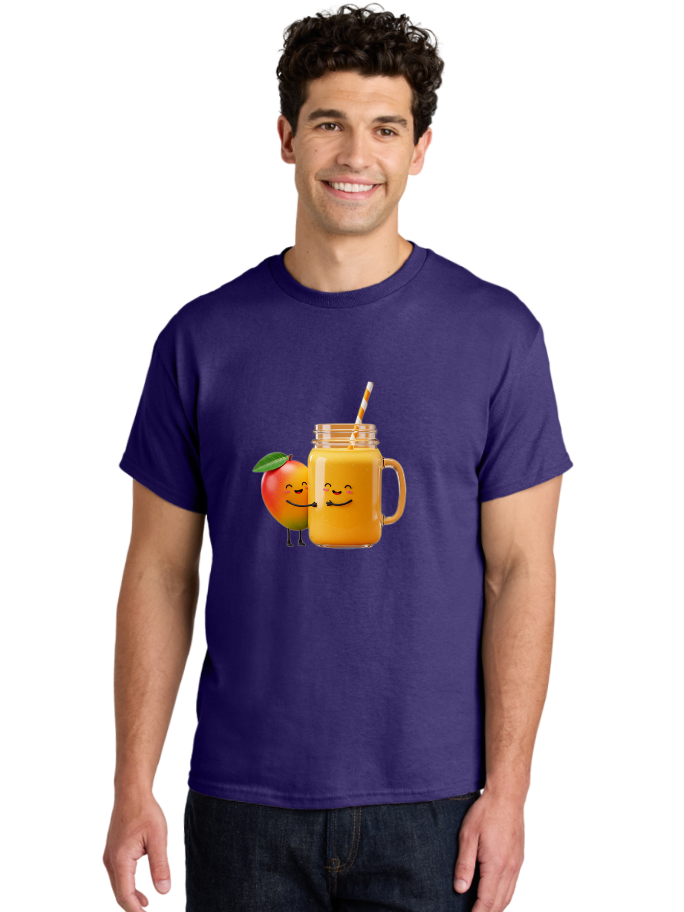 Mango-Smoothie-1 Men'S Graphic Tee, 100% Cotton, Comfortable Casual Summer Wear, Machine Washable, Mango Smoothie, Cartoon Characters, Healthy Drink, Orange Juice, Happy Fruit, Refreshing Beverage, Smiling Face, Straw In Glass Bac153