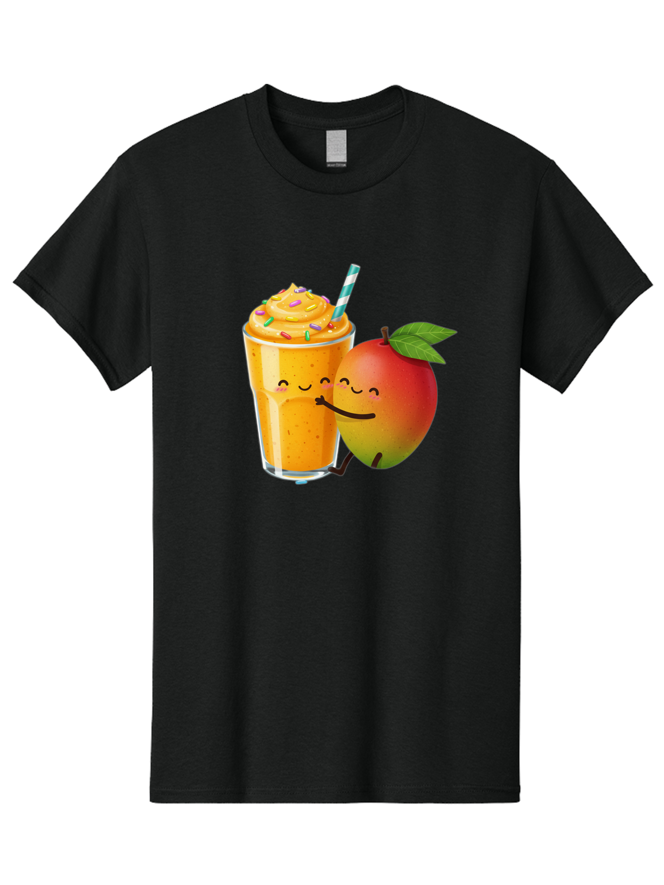 Mango-Smoothie-2 Men'S Graphic Tee, 100% Cotton, Comfortable Casual Summer Wear, Machine Washable, Mango Smoothie, Yellow Drink, Sprinkles On Top, Blue Straw, Cartoon Mango, Smiling Fruit, Happy Beverage, Tasty Treat, Refreshing Drink, Bac154