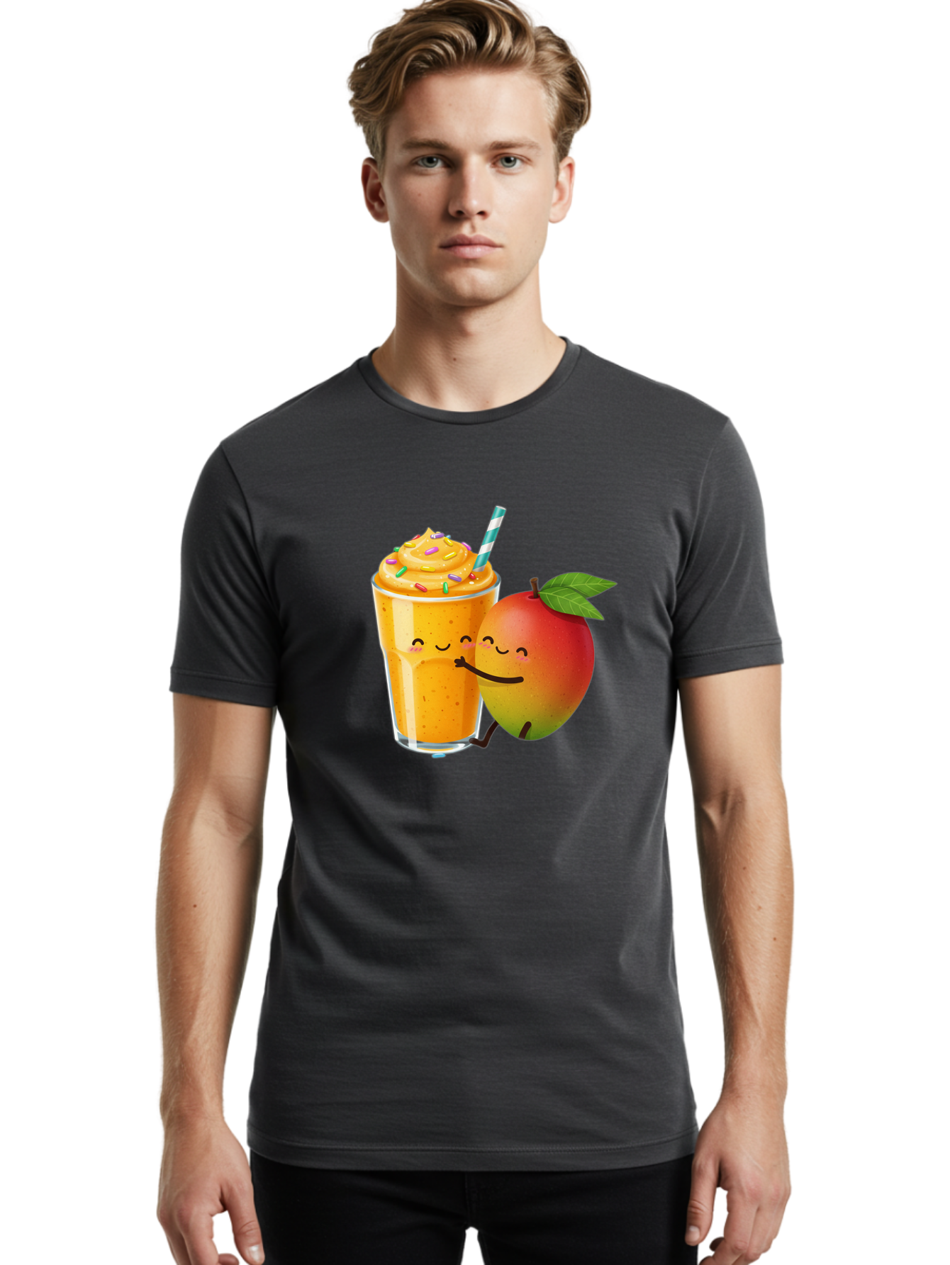 Mango-Smoothie-2 Men'S Graphic Tee, 100% Cotton, Comfortable Casual Summer Wear, Machine Washable, Mango Smoothie, Yellow Drink, Sprinkles On Top, Blue Straw, Cartoon Mango, Smiling Fruit, Happy Beverage, Tasty Treat, Refreshing Drink, Bac154