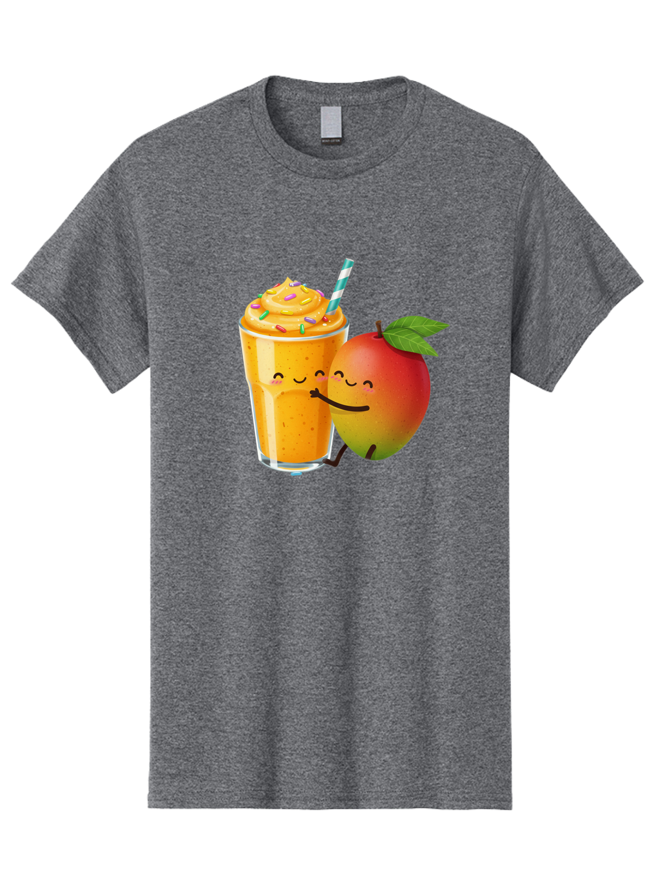Mango-Smoothie-2 Men'S Graphic Tee, 100% Cotton, Comfortable Casual Summer Wear, Machine Washable, Mango Smoothie, Yellow Drink, Sprinkles On Top, Blue Straw, Cartoon Mango, Smiling Fruit, Happy Beverage, Tasty Treat, Refreshing Drink, Bac154