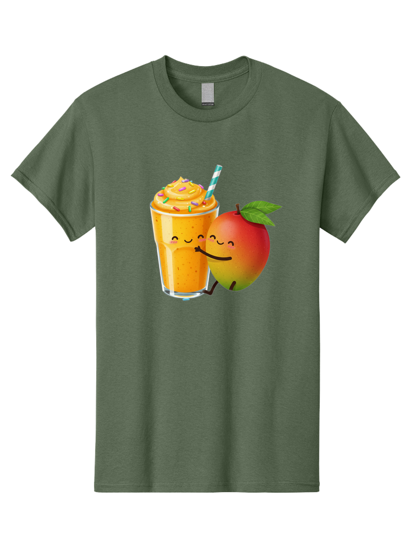 Mango-Smoothie-2 Men'S Graphic Tee, 100% Cotton, Comfortable Casual Summer Wear, Machine Washable, Mango Smoothie, Yellow Drink, Sprinkles On Top, Blue Straw, Cartoon Mango, Smiling Fruit, Happy Beverage, Tasty Treat, Refreshing Drink, Bac154