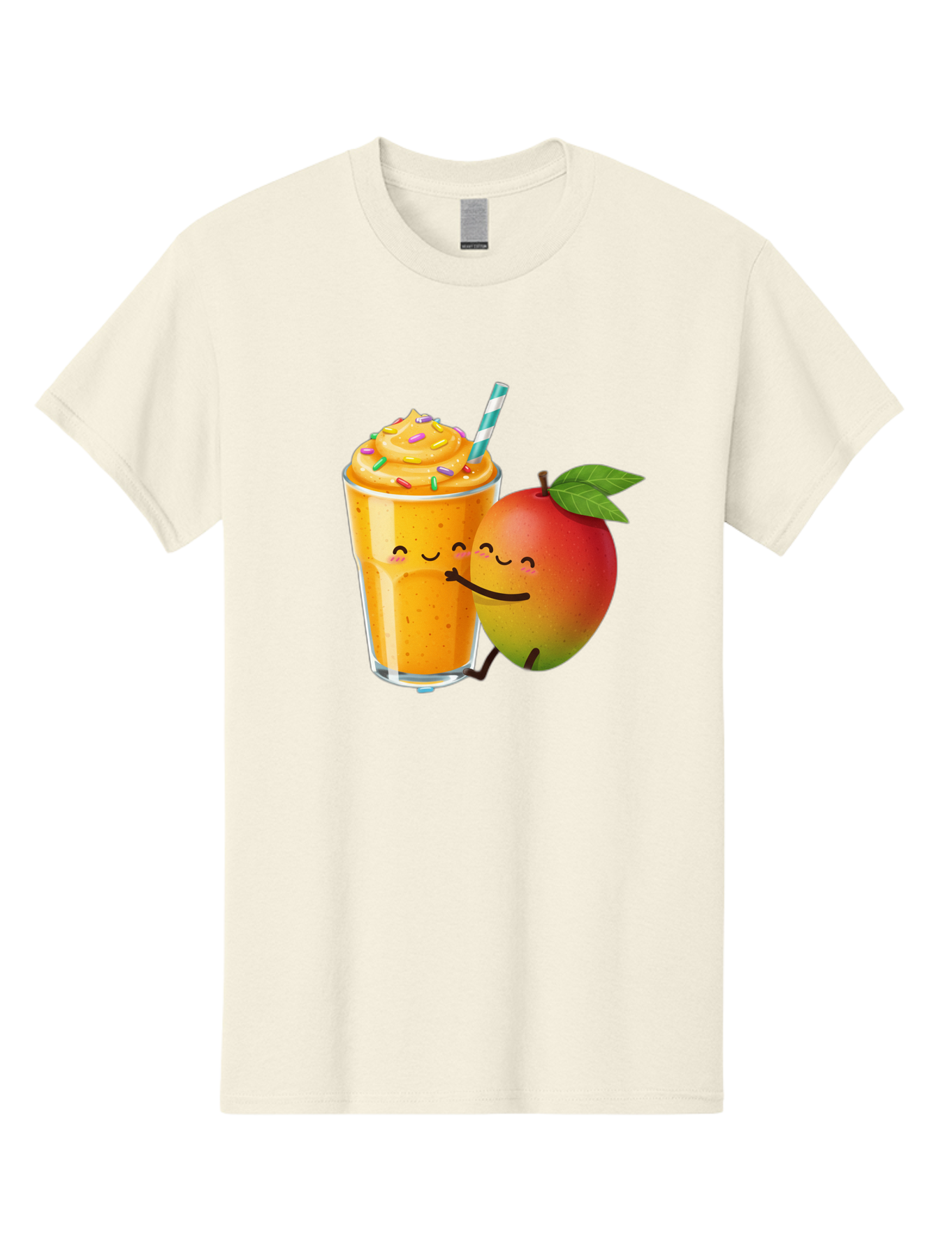 Mango-Smoothie-2 Men'S Graphic Tee, 100% Cotton, Comfortable Casual Summer Wear, Machine Washable, Mango Smoothie, Yellow Drink, Sprinkles On Top, Blue Straw, Cartoon Mango, Smiling Fruit, Happy Beverage, Tasty Treat, Refreshing Drink, Bac154